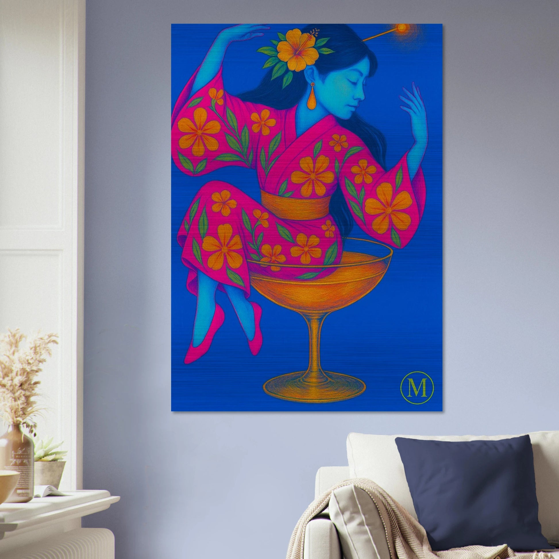 Geisha sitting in glass- brushed aluminum metal- bold-luxury-wall art-match