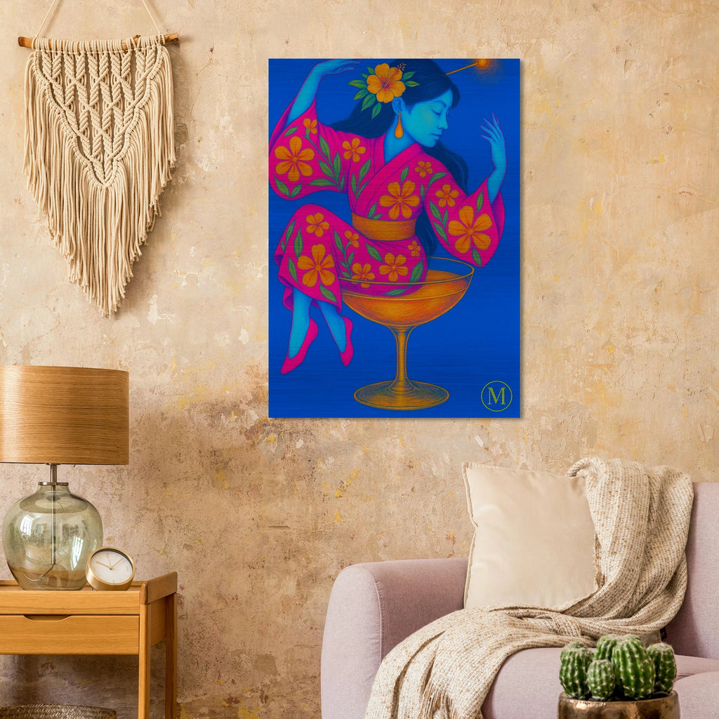 boho Geisha sitting dancing in glass- brushed aluminum metal- bold-luxury-wall art