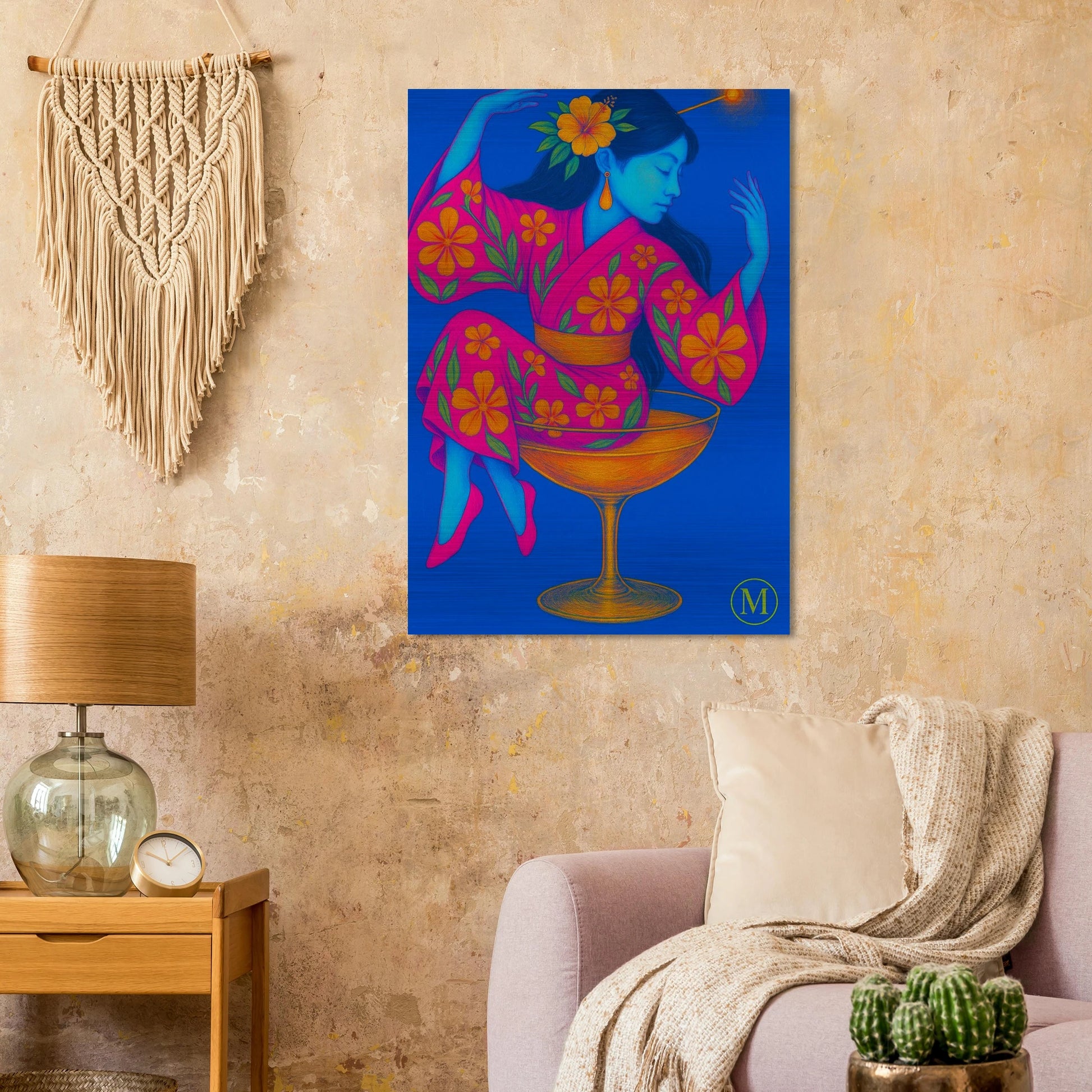 boho Geisha sitting dancing in glass- brushed aluminum metal- bold-luxury-wall art