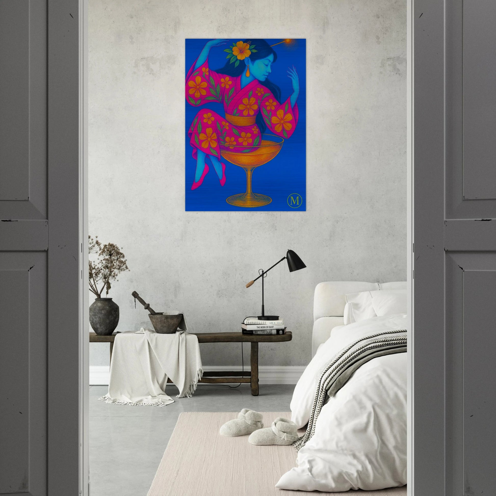Geisha sitting in glass- wall- mock-brushed aluminum metal- bold-luxury-wall art