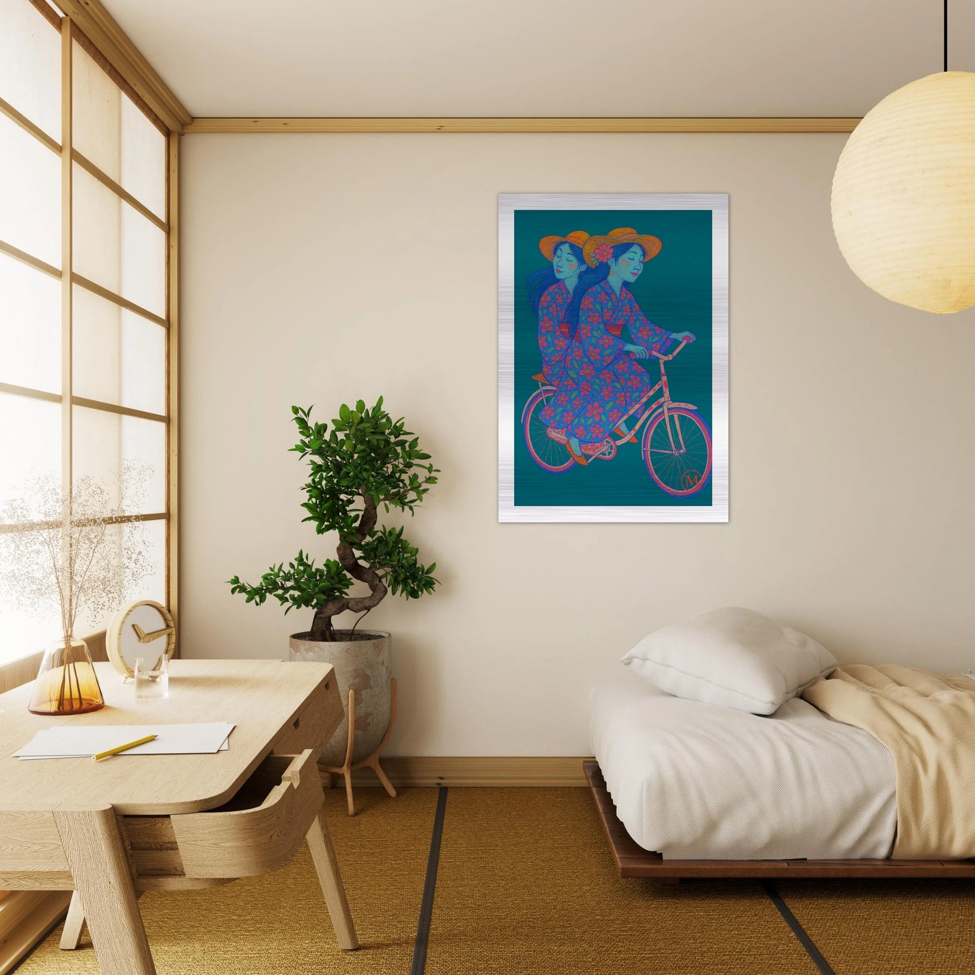 Elegant vintage-style illustration of two geishas on bike with cherry blossoms, printed on brushed aluminum for a refined, artistic look.
Bestandsnaam: two-geishas-cherry-blossom-aluminum-wall-art