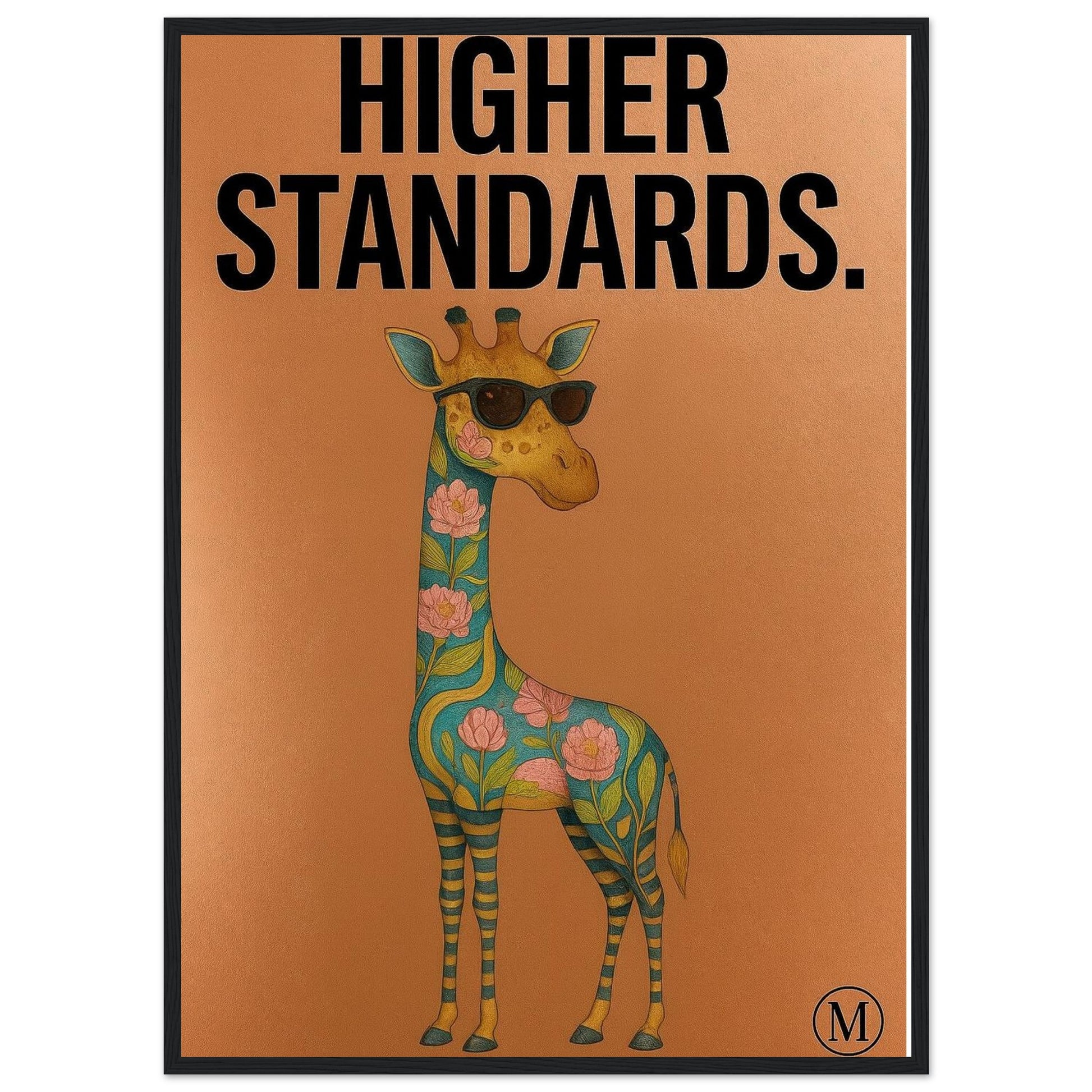 Funny giraffe poster with black shades and bold attitude. Bronze background, luxury vibe. Part of the MATCH Animals series framed wall art