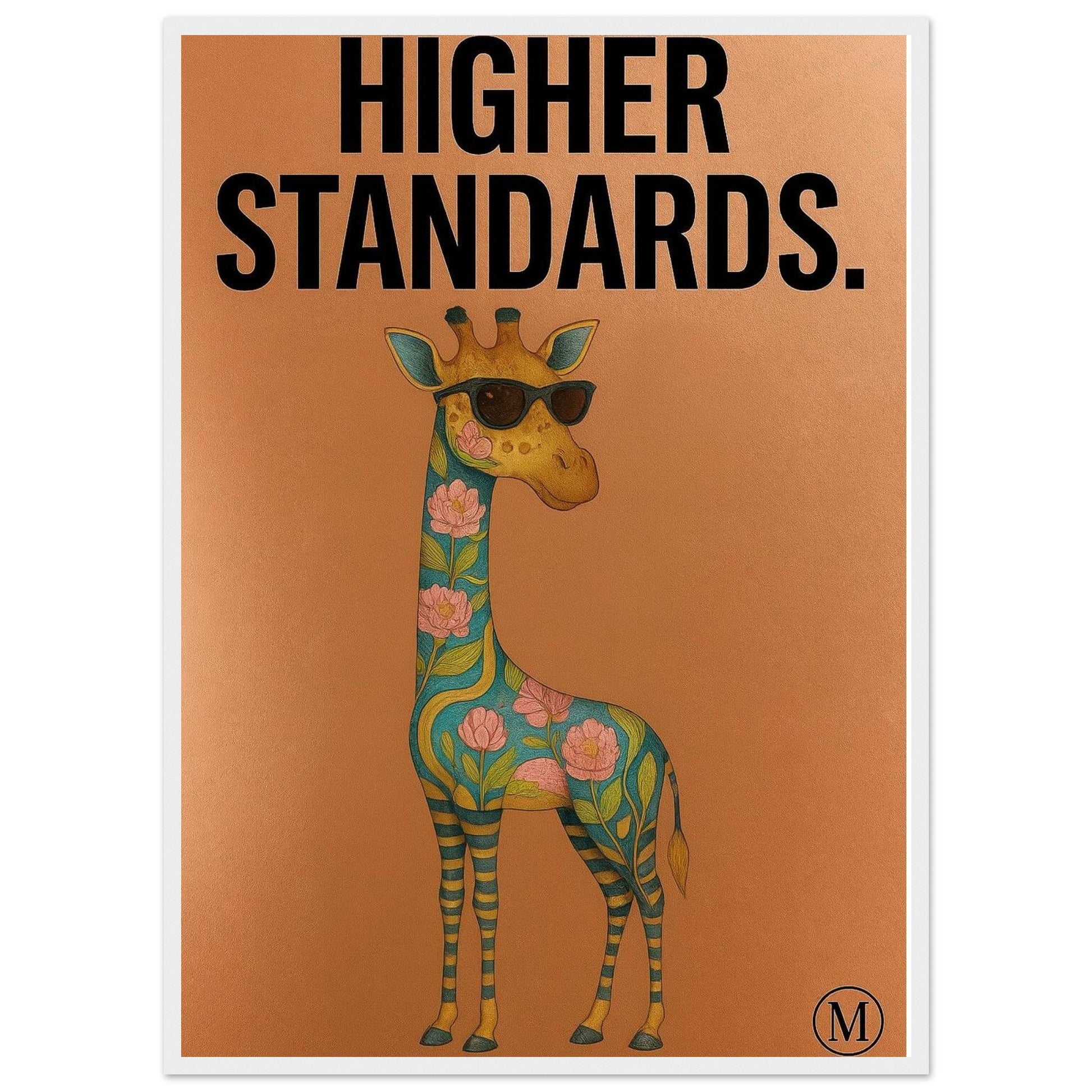 Funny giraffe poster with black shades and bold attitude. Bronze background, luxury vibe. Part of the MATCH Animals series framed art