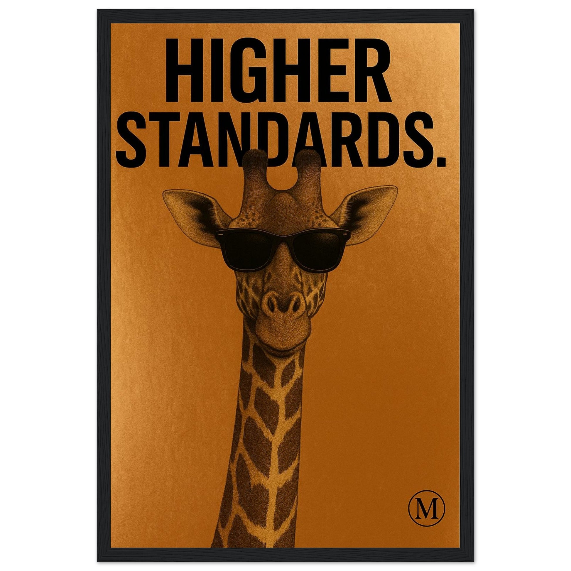 Funny giraffe poster with black shades and bold attitude. Bronze background, luxury vibe. Part of the MATCH Animals series framed wall art.