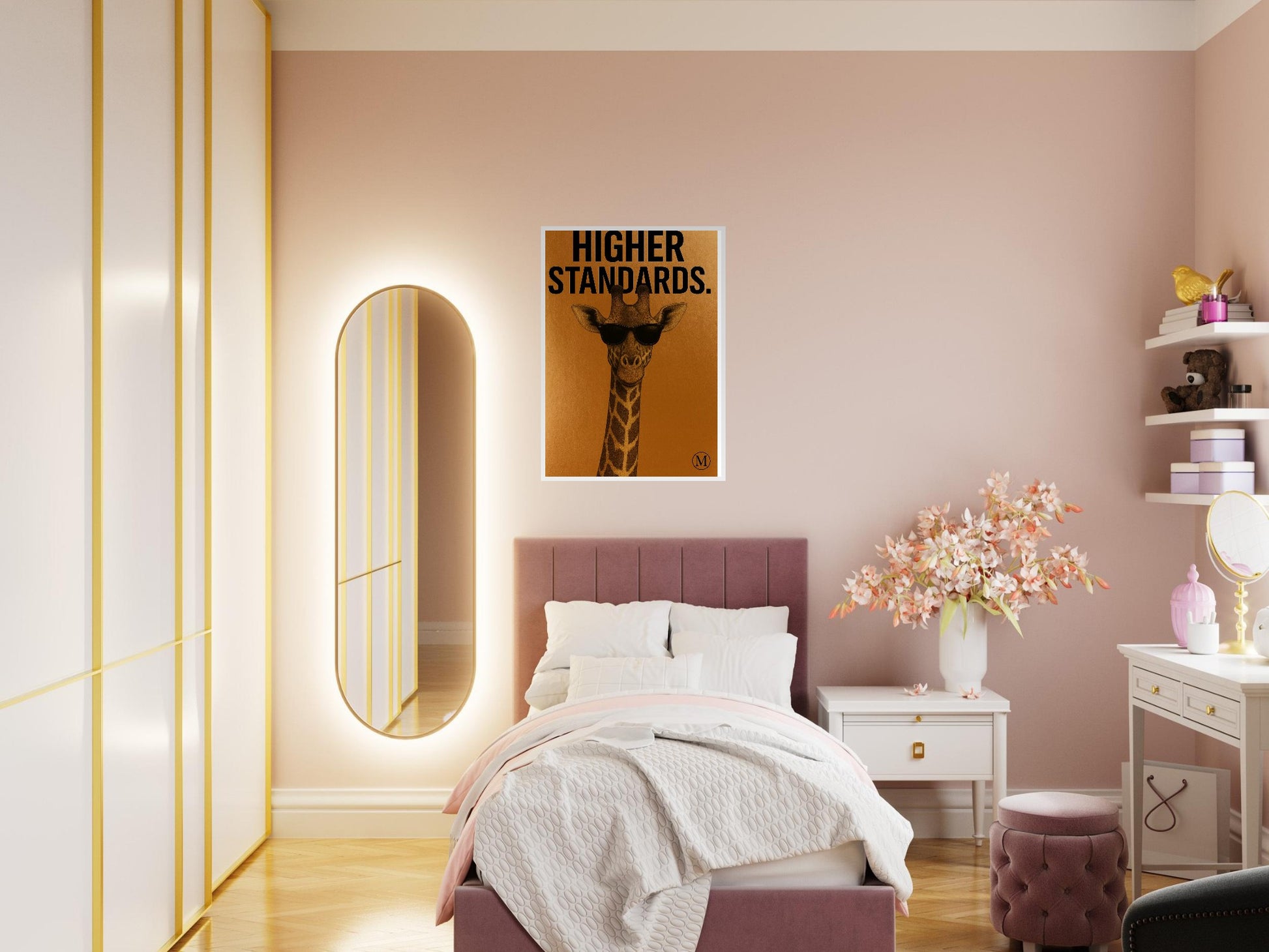 Golden background giraffe wall art poster with black shades and bold attitude. luxury vibe. Part of the MATCH Animals series 