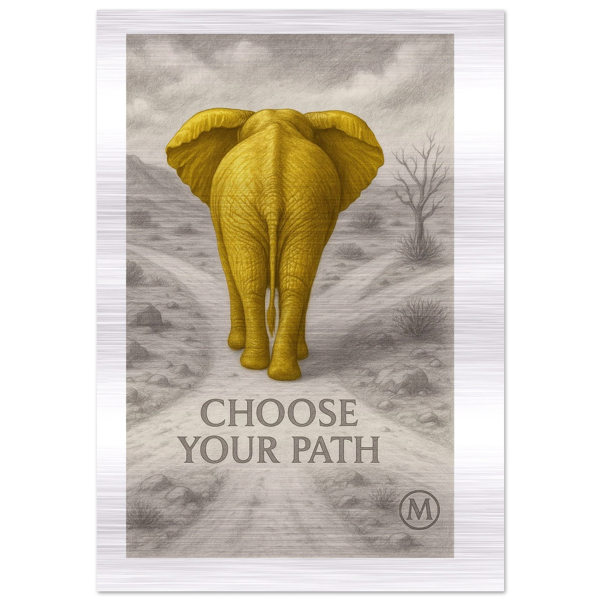 Majestic golden elephant brushed aluminum wall art - opulent wildlife statement piece by MATCH Wall Art