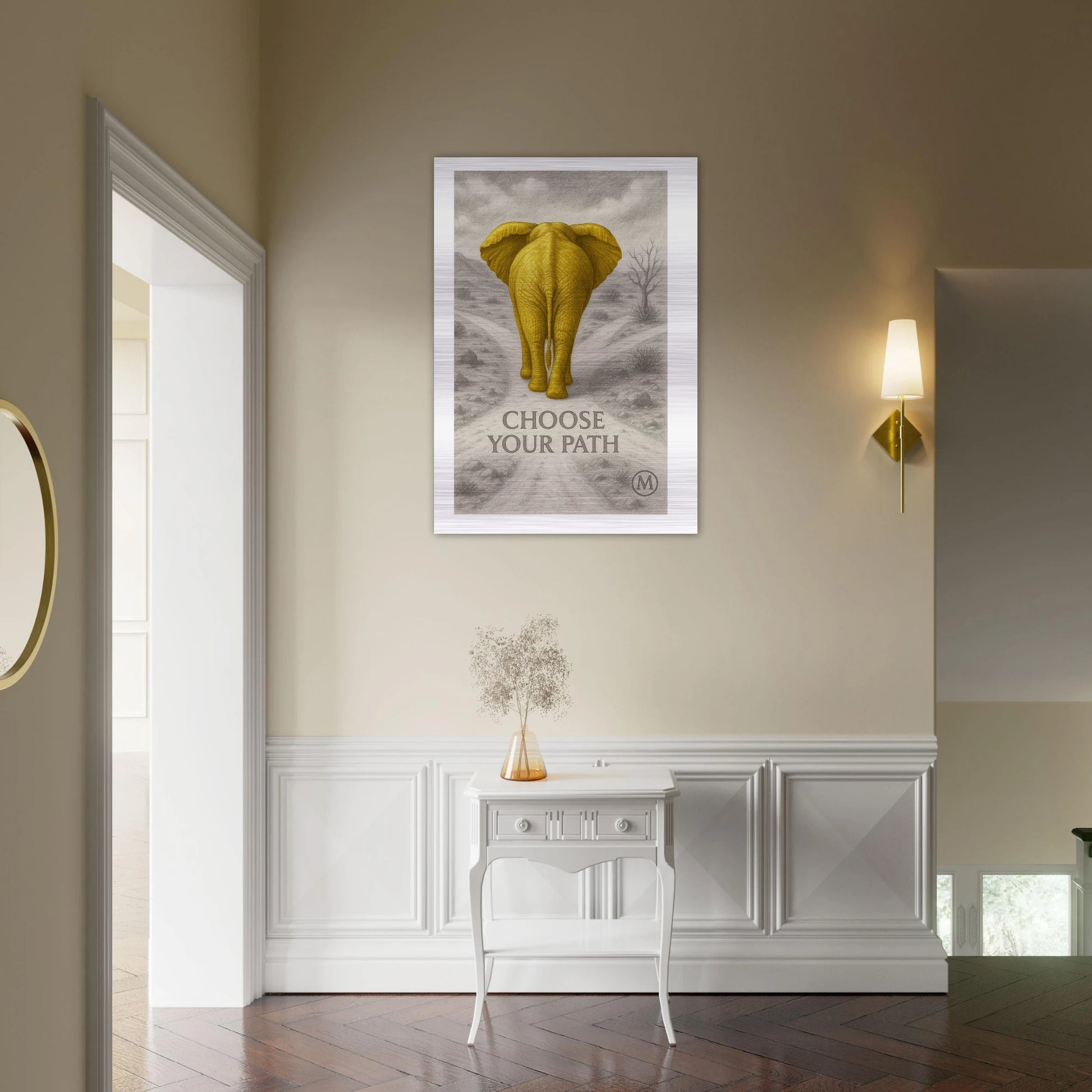 chic golden elephant brushed aluminum wall art - hall- wildlife statement piece by MATCH Wall Art