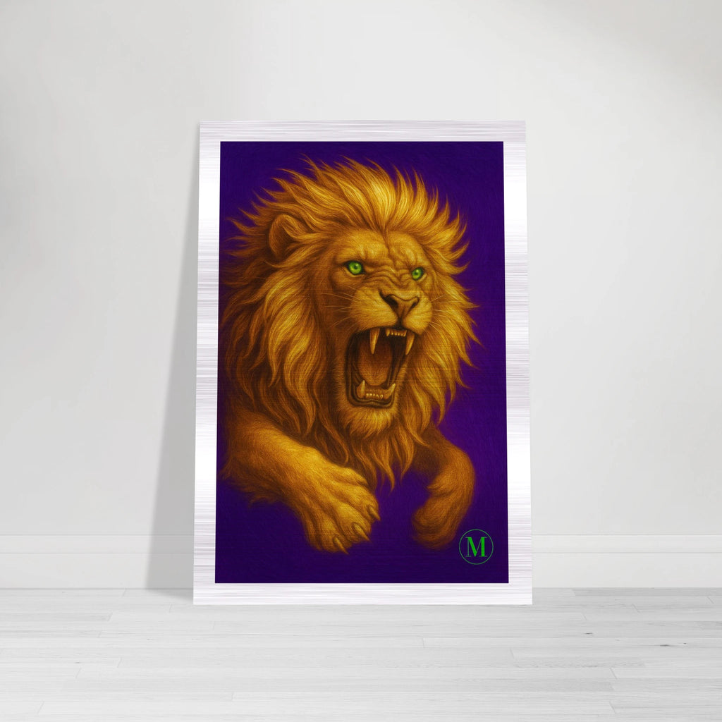golden lion brushed aluminum wall art- high-end wildlife metal print by MATCH Wall Art