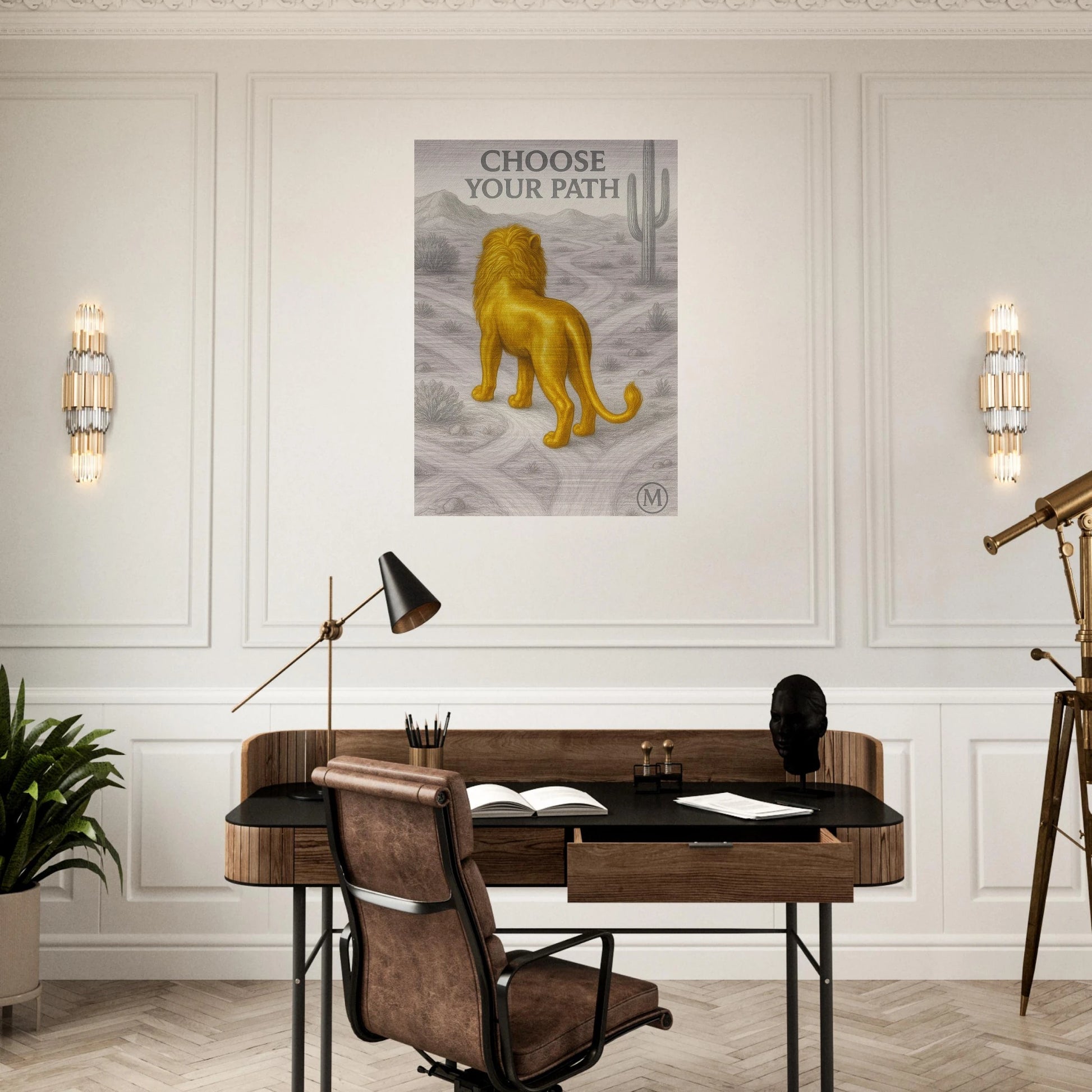 golden lion brushed aluminum wall art  high-end wildlife above piano print by MATCH Wall Art