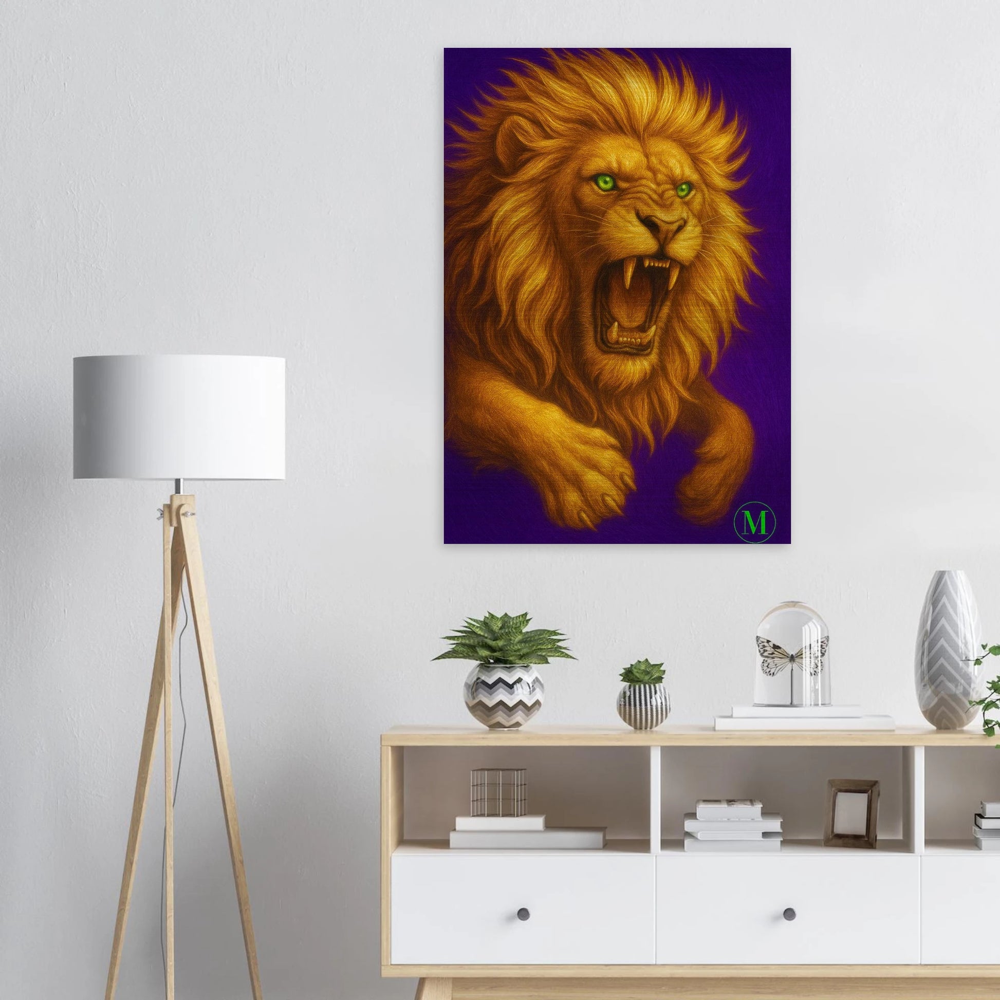 bold golden lion brushed aluminum wall art- high-end wildlife metal print by MATCH Wall Art lux