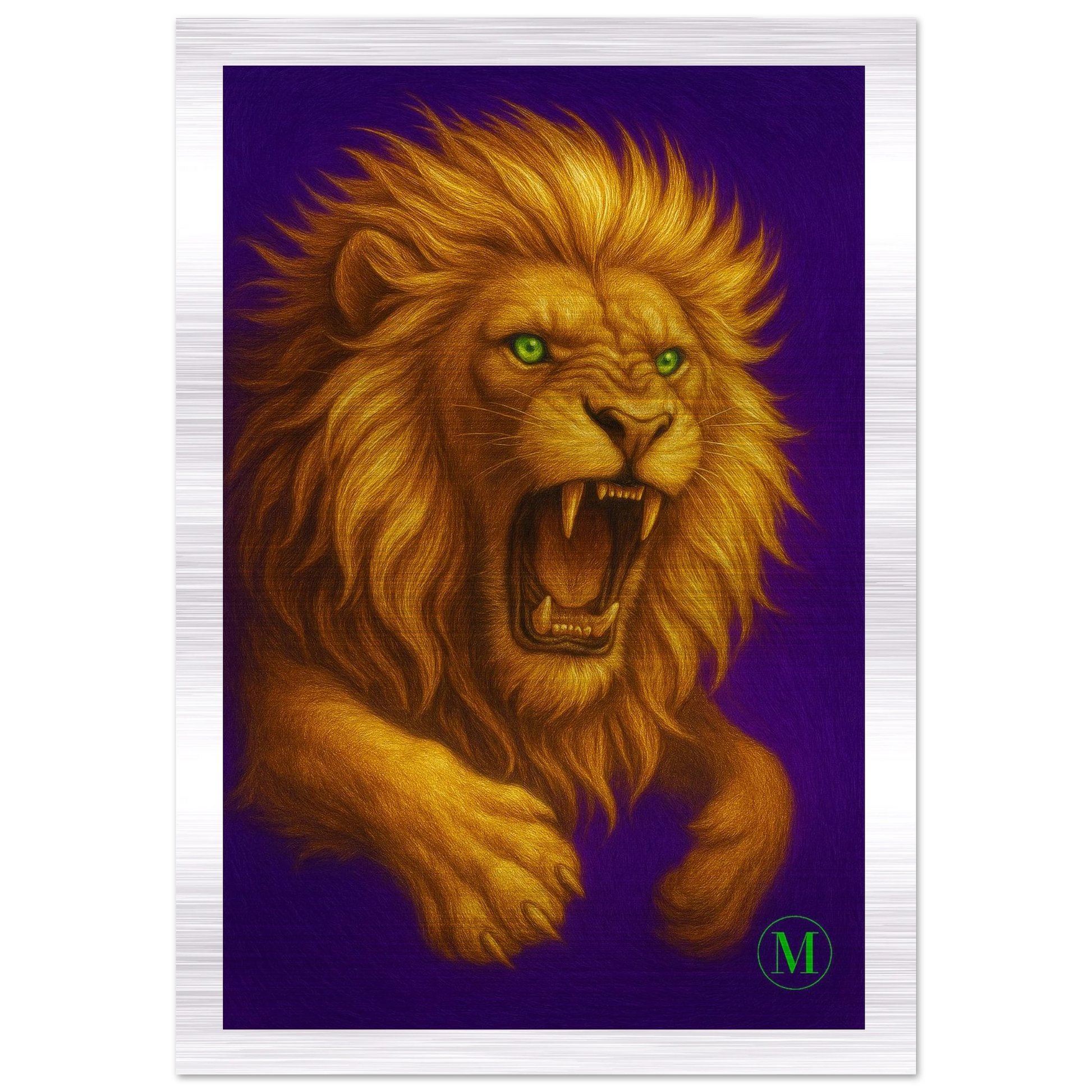 Regal golden lion brushed aluminum wall art- high-end wildlife metal print by MATCH Wall Art