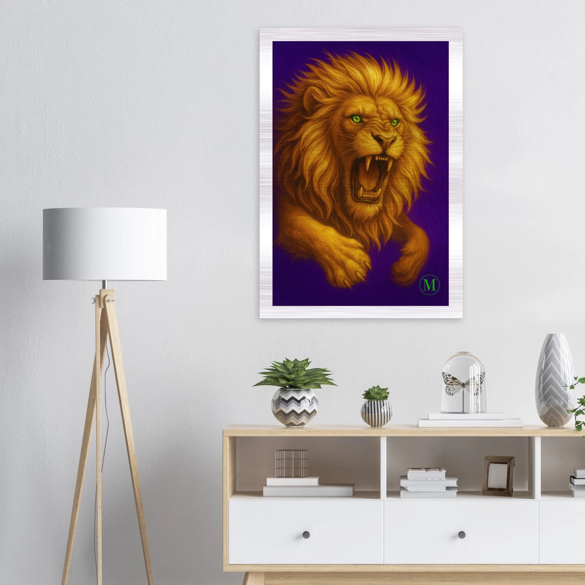 Regal golden lion brushed aluminum wall art- in white room wildlife metal print by MATCH Wall Art