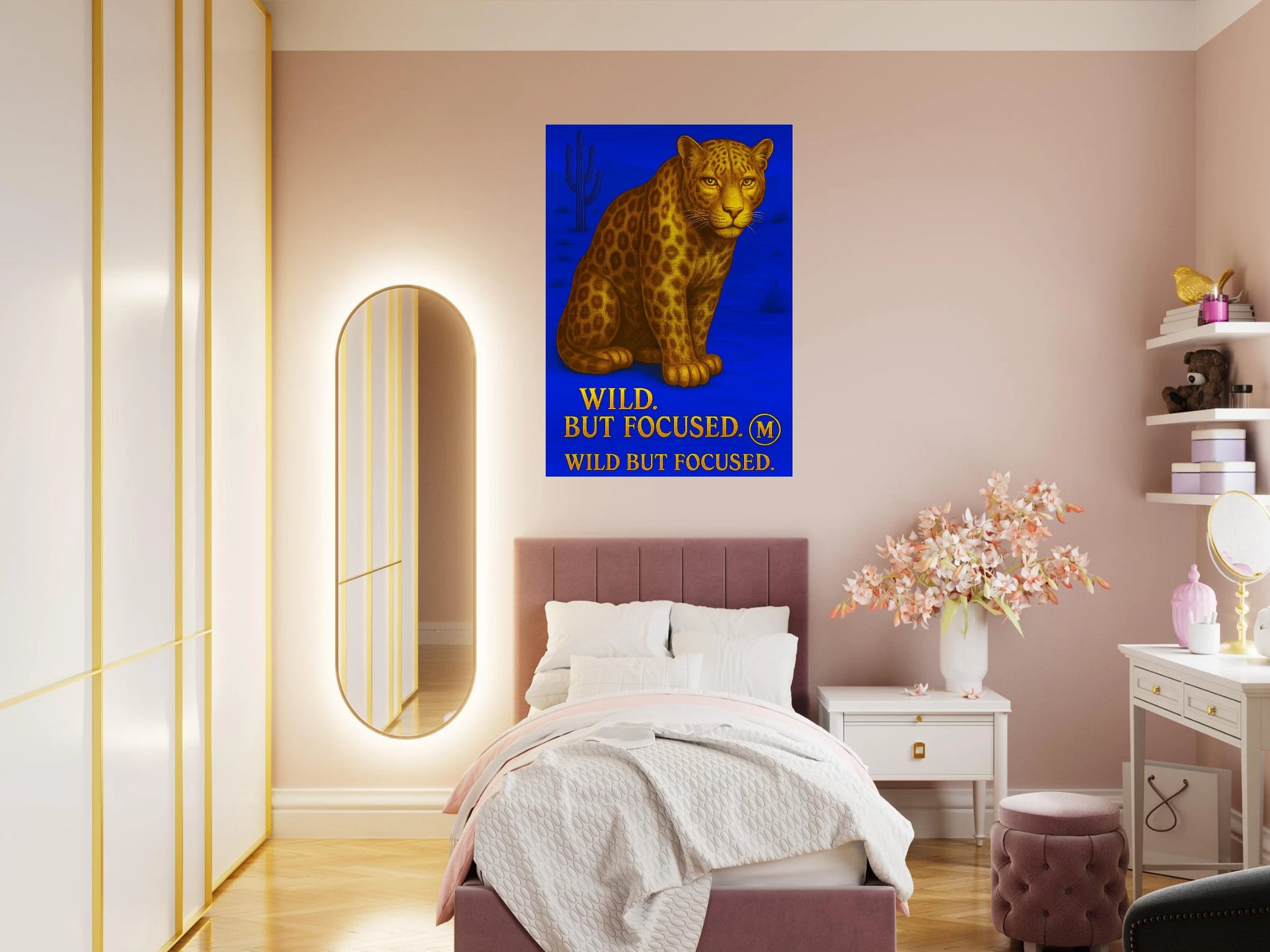 panther print with the quote wild but focused. Stylish wall art from Match Wall Art brushed aluminum