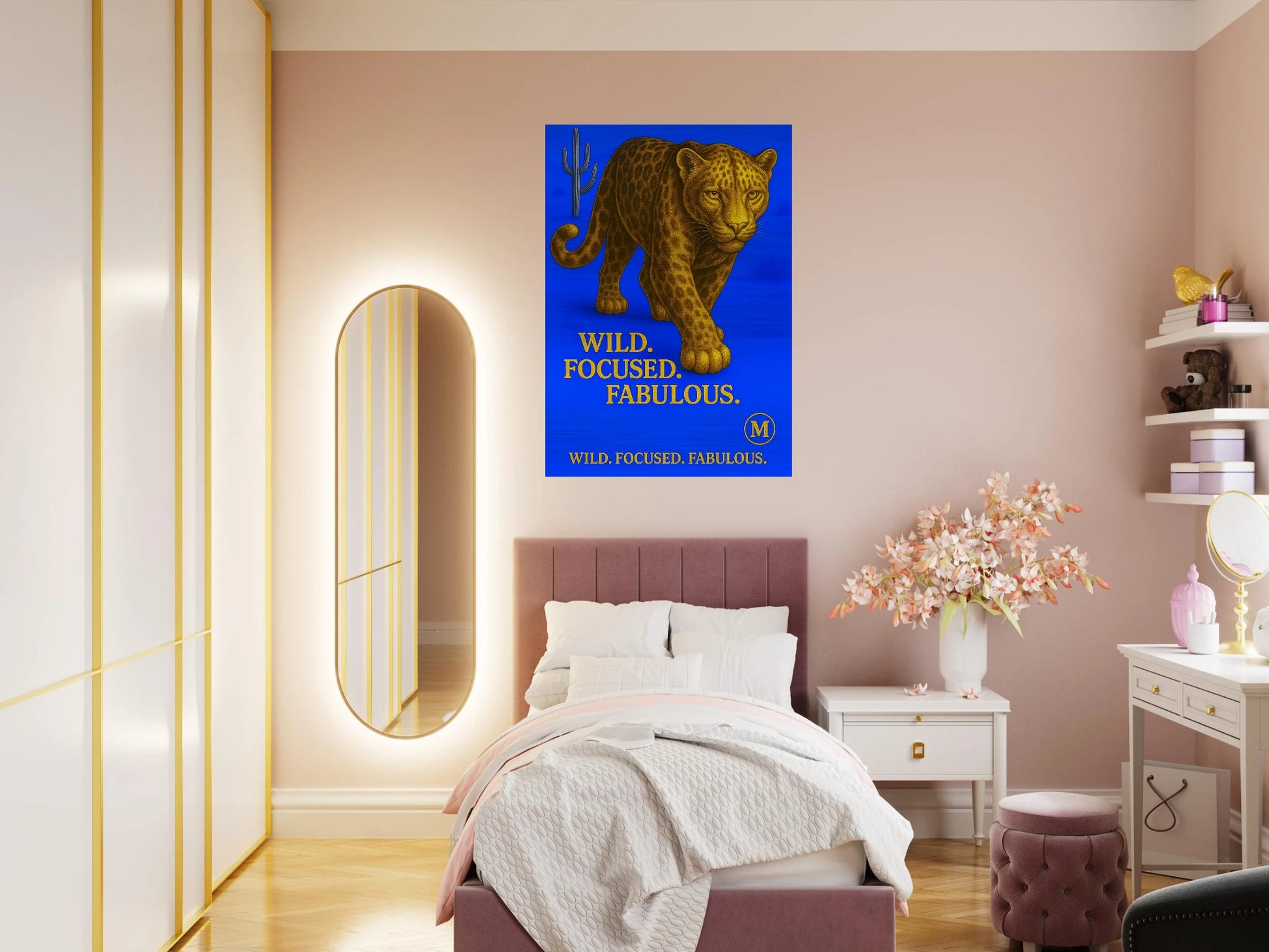 Bleu backgroud with quote wild focused fabulous Match Wall Art brushed aluminum golden panther