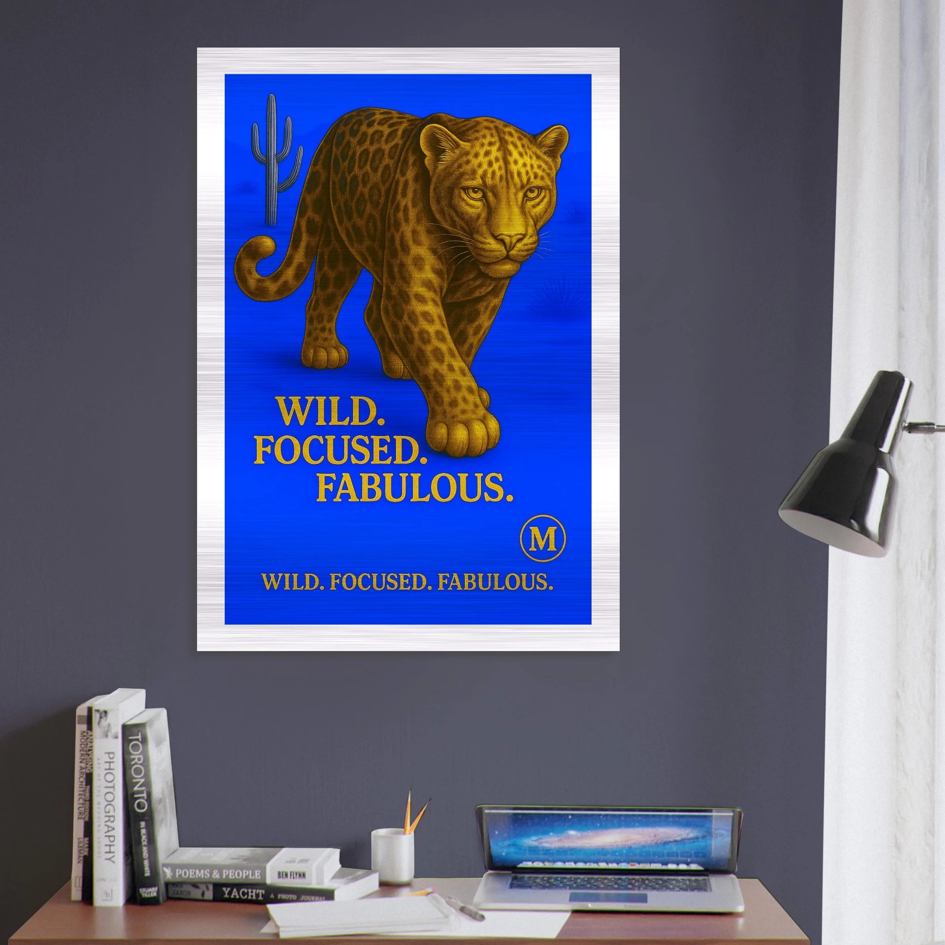 Golden Panther bleu backgroud with quote wild focused fabulous Match Wall  eges Art brushed aluminum