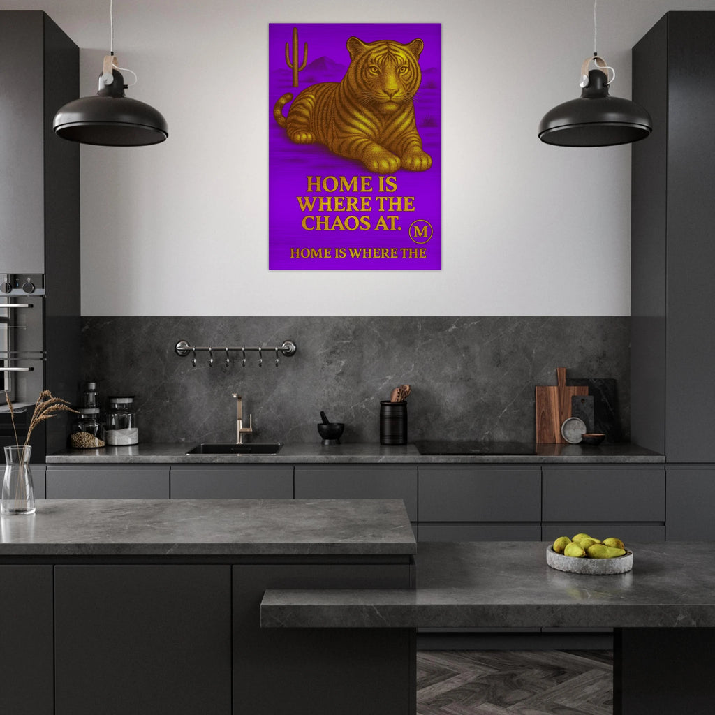 Chic Panther in kitchen puple backgroud with quote home is where the Chaos at. Match Wall Art aluminum