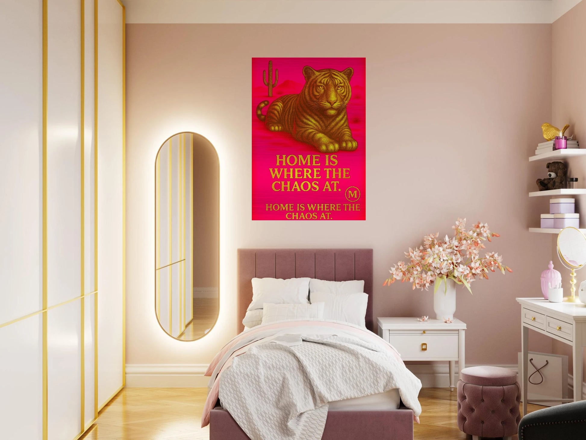 disigner golden Panther pink with quote home is where the Chaos at. Match Wall Art brushed aluminum premium