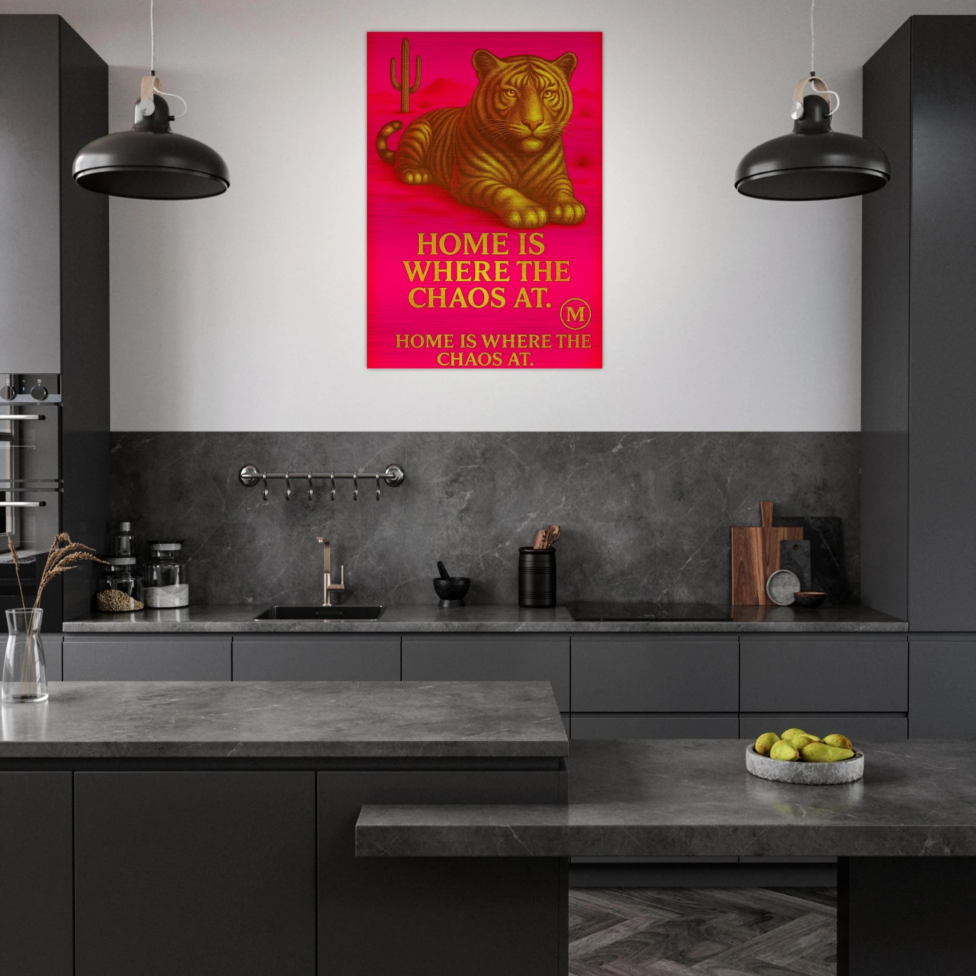 premium Golden Panther pink in kitchen with quote home is where the Chaos at. Match Wall Art brushed aluminum luxe