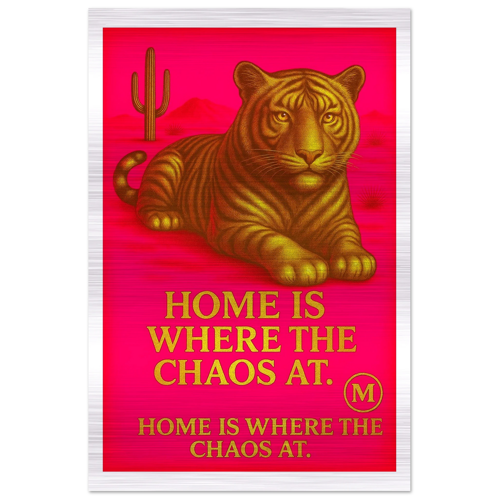 Golden Panther pink backgroud with quote home is where the Chaos at. Match Wall Art brushed aluminum