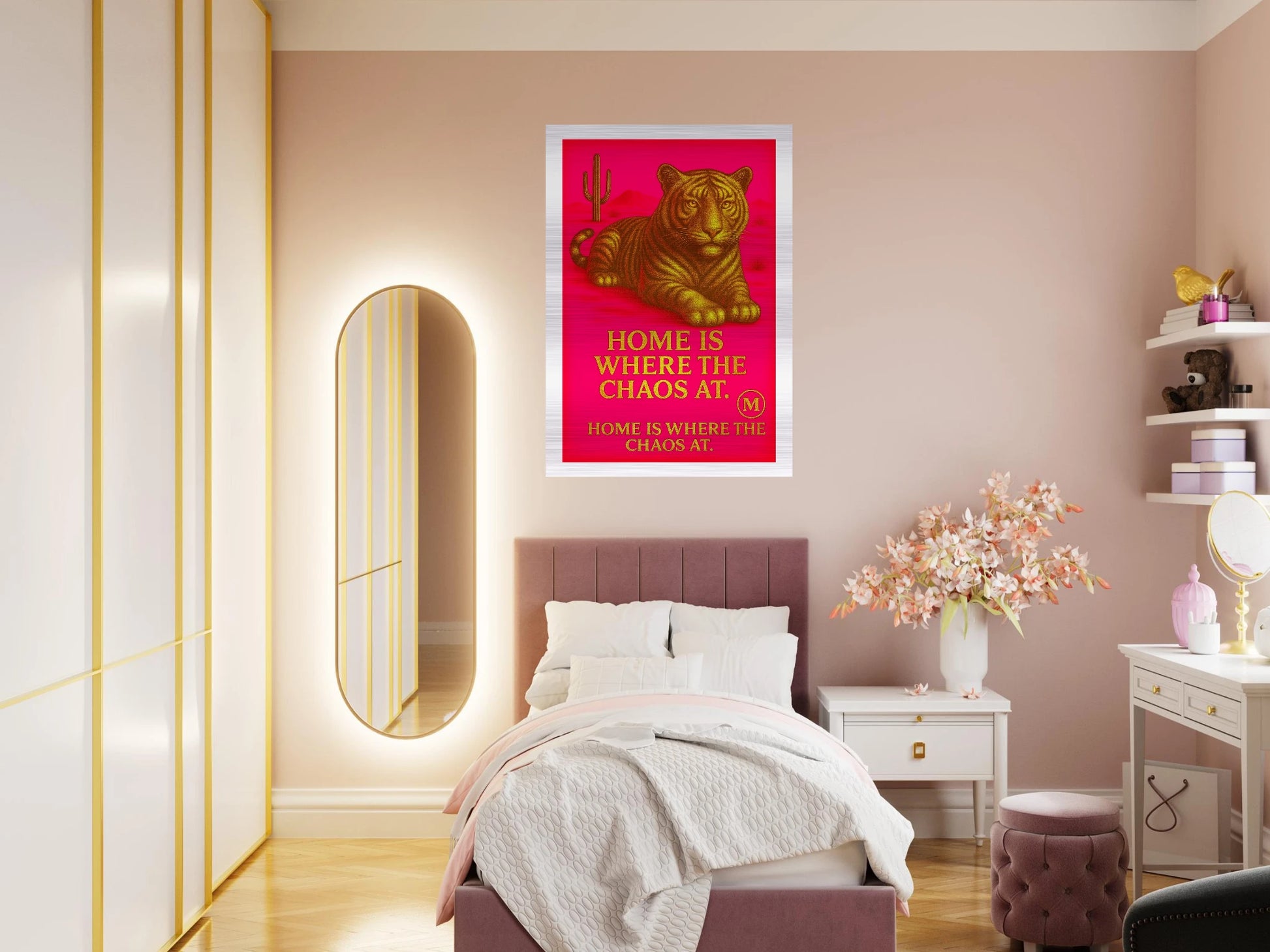Golden Panther pink backgroud with quote home is where the Chaos at. Match Wall Art brushed aluminum