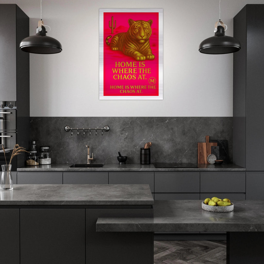 Golden Panther pink backgroud with quote home is where the Chaos at. Match Wall Art brushed aluminum