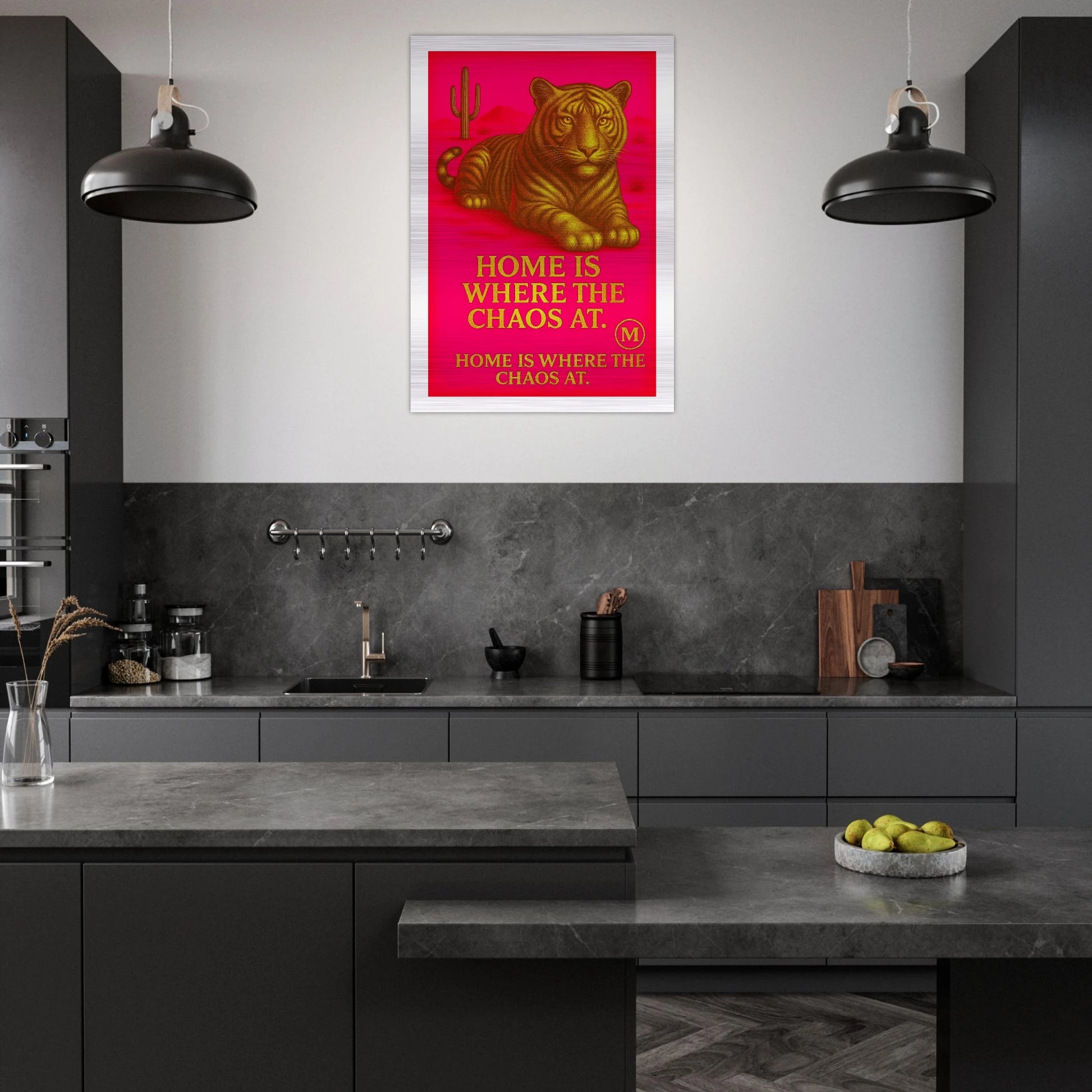 Golden Panther pink backgroud with quote home is where the Chaos at. Match Wall Art brushed aluminum