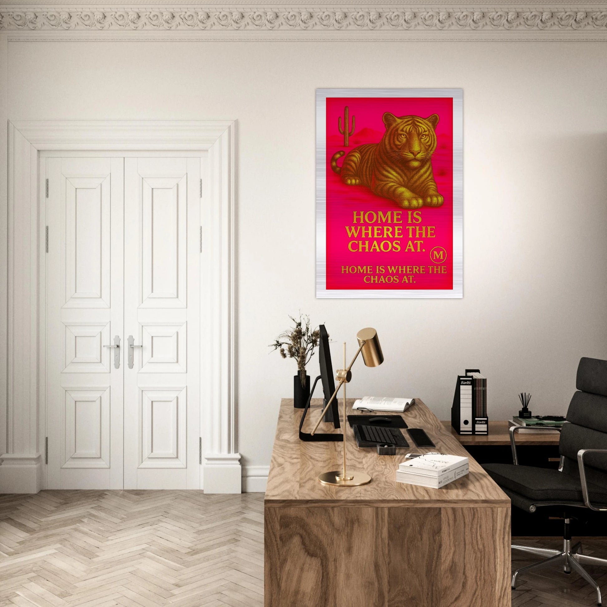 Golden Panther pink backgroud with quote home is where the Chaos at. Match Wall Art brushed aluminum