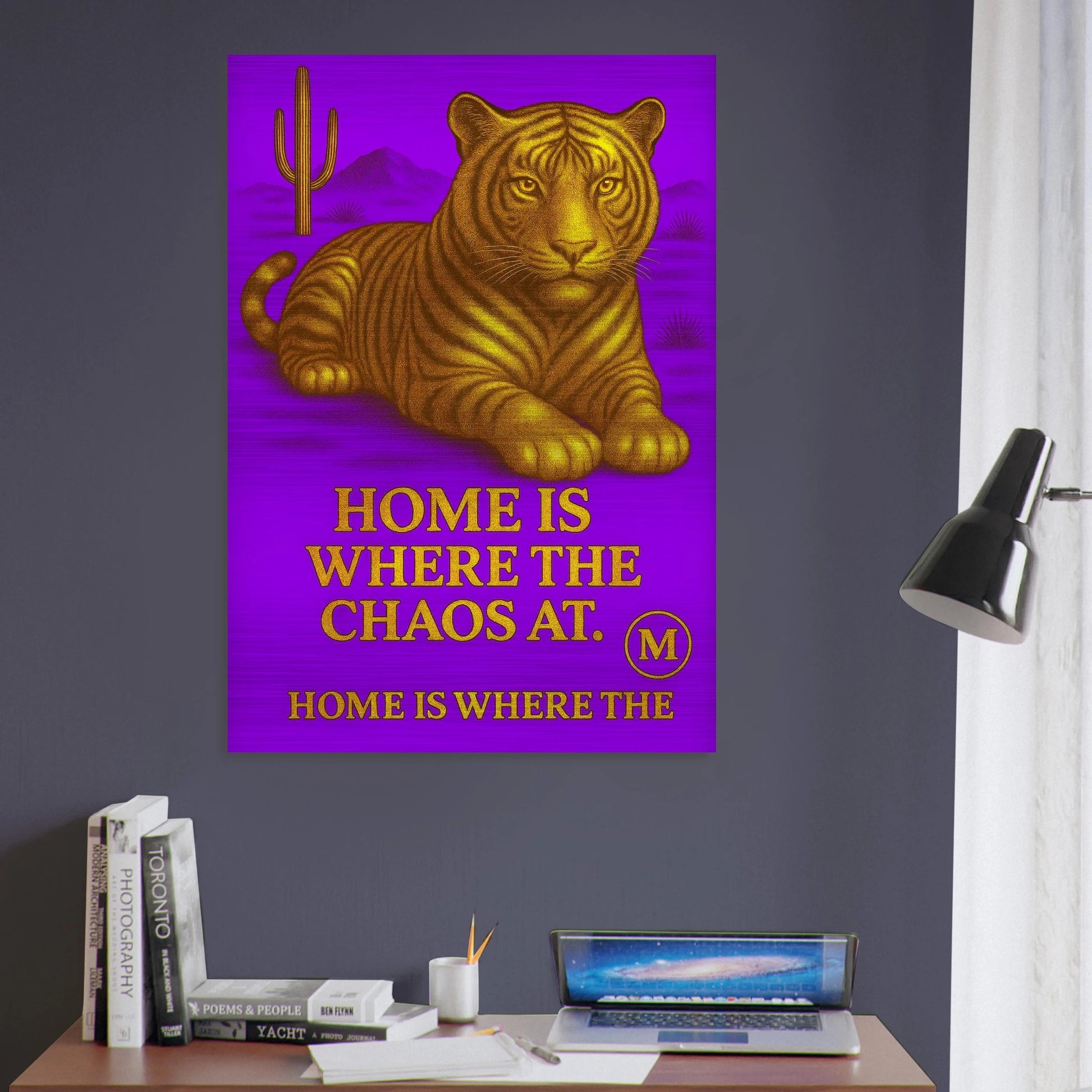 Golden Panther puple  backgroud with quote home is where the Chaos at. Match Wall Art brushed aluminum home decoration 