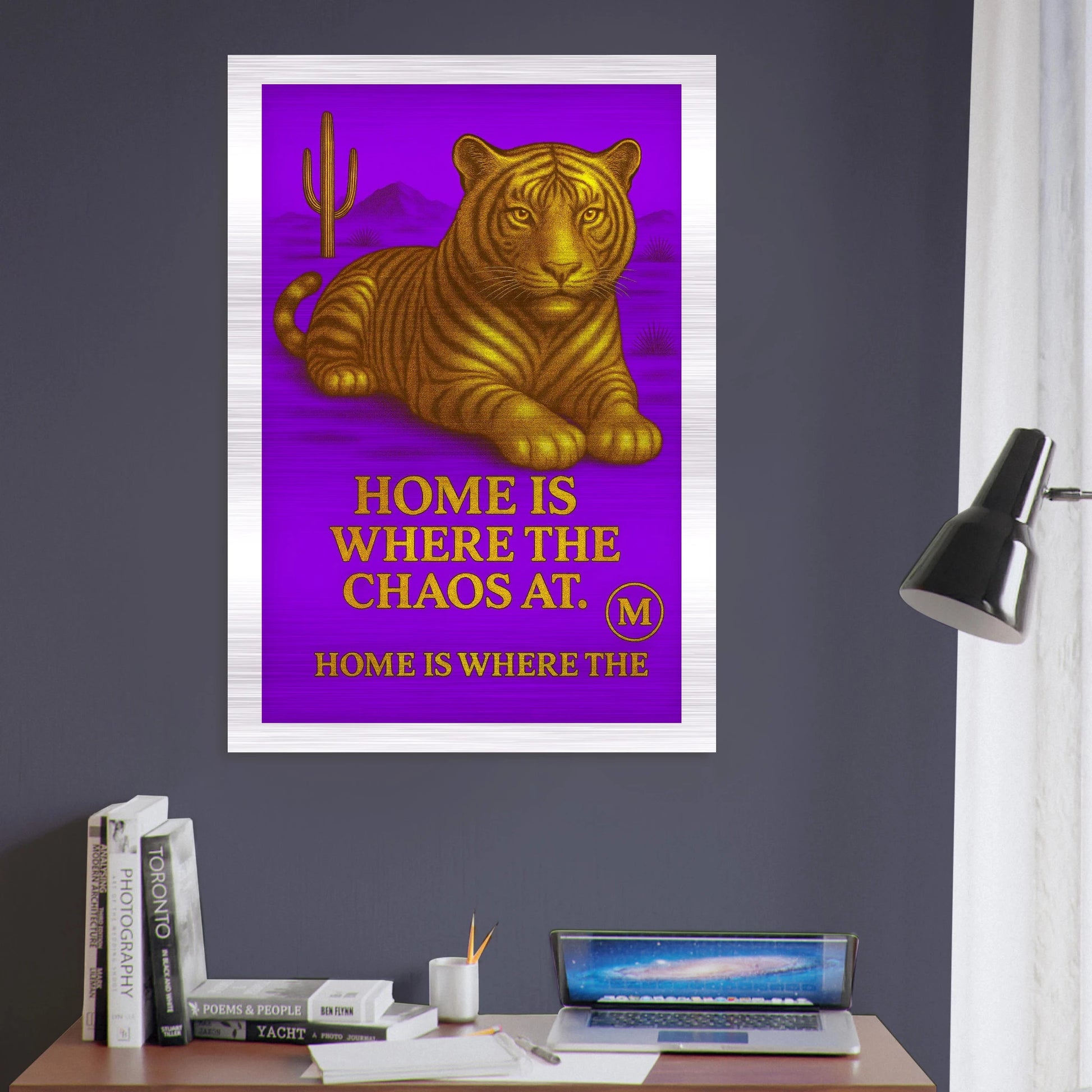Golden Panther purple  backgroud with quote home is where the Chaos at. Match Wall Art brushed aluminum