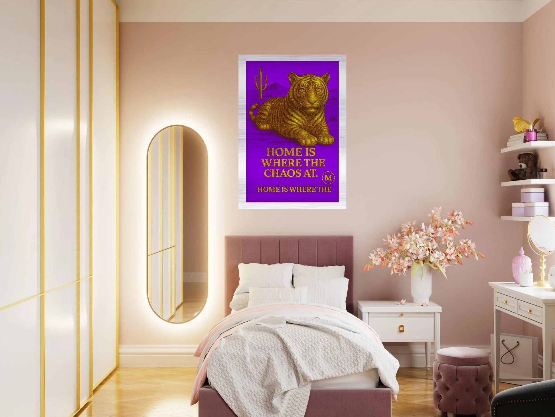 Golden Panther purple  backgroud with quote home is where the Chaos at. Match Wall Art brushed aluminum