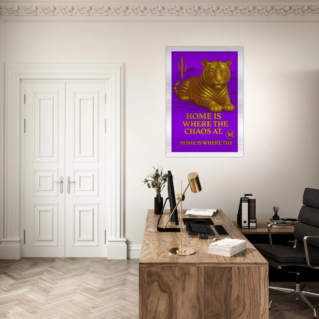 Golden Panther puple  backgroud with quote home is where the Chaos at. Match Wall Art brushed aluminum