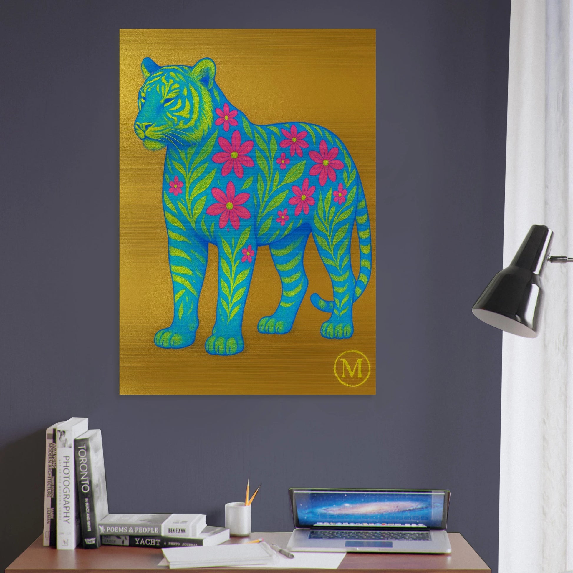 flowered phanter with golden background in office - wall art from MATCH Panther luxury