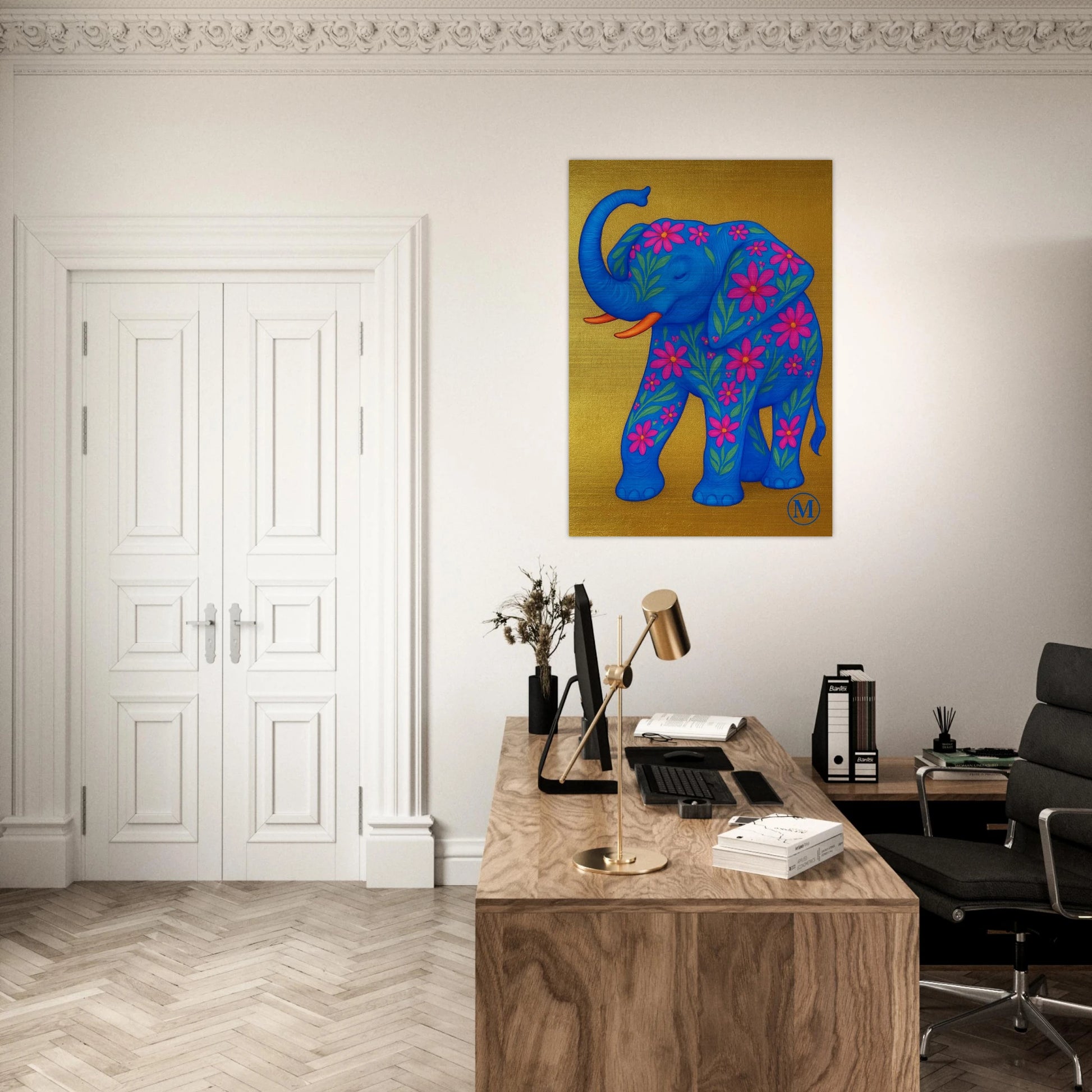 Elephant wall art hanging in office. luxury match wall art