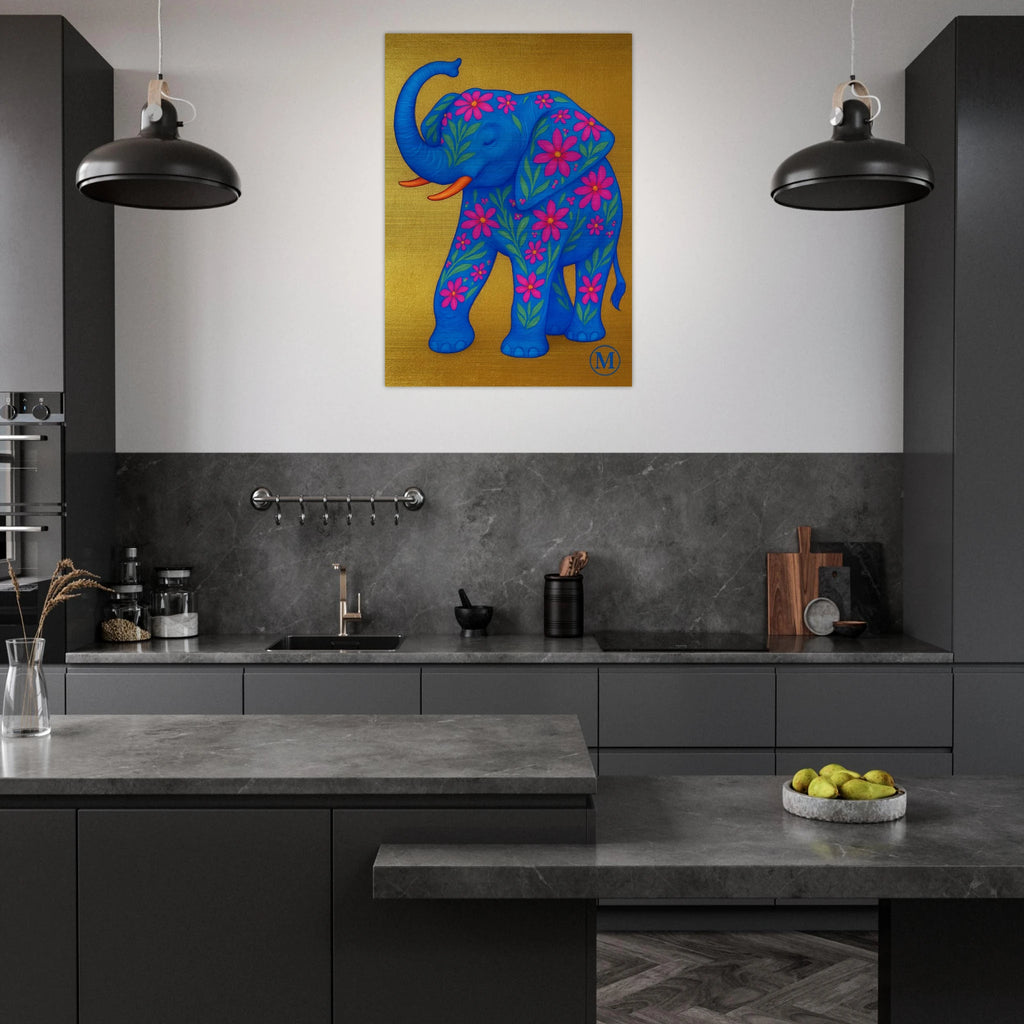 Golden flowered elephant with golden background in kitchen. wall art from MATCH Panther Collection brushed aluminum