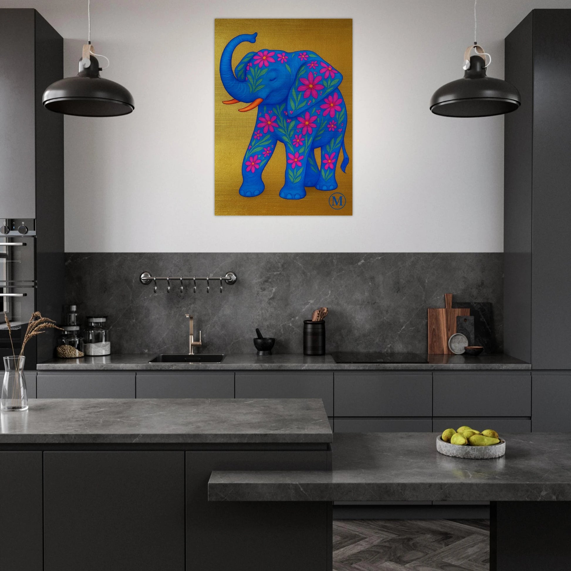 Golden flowered elephant with golden background in kitchen. wall art from MATCH Panther Collection brushed aluminum