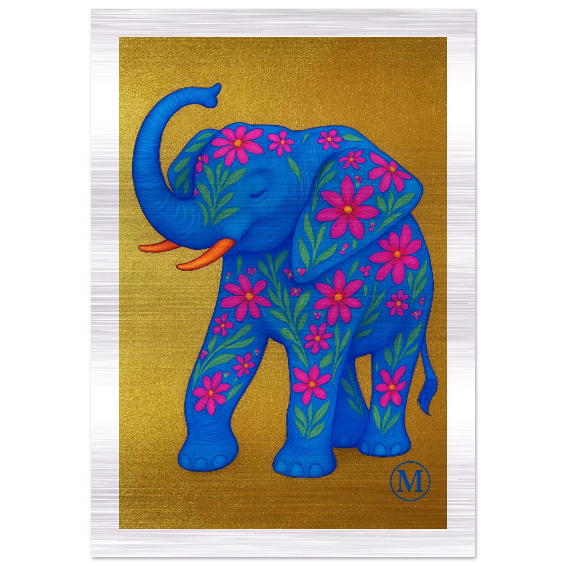 Golden flowered elephant with golden background edges. the wall art from MATCH Panther Collection