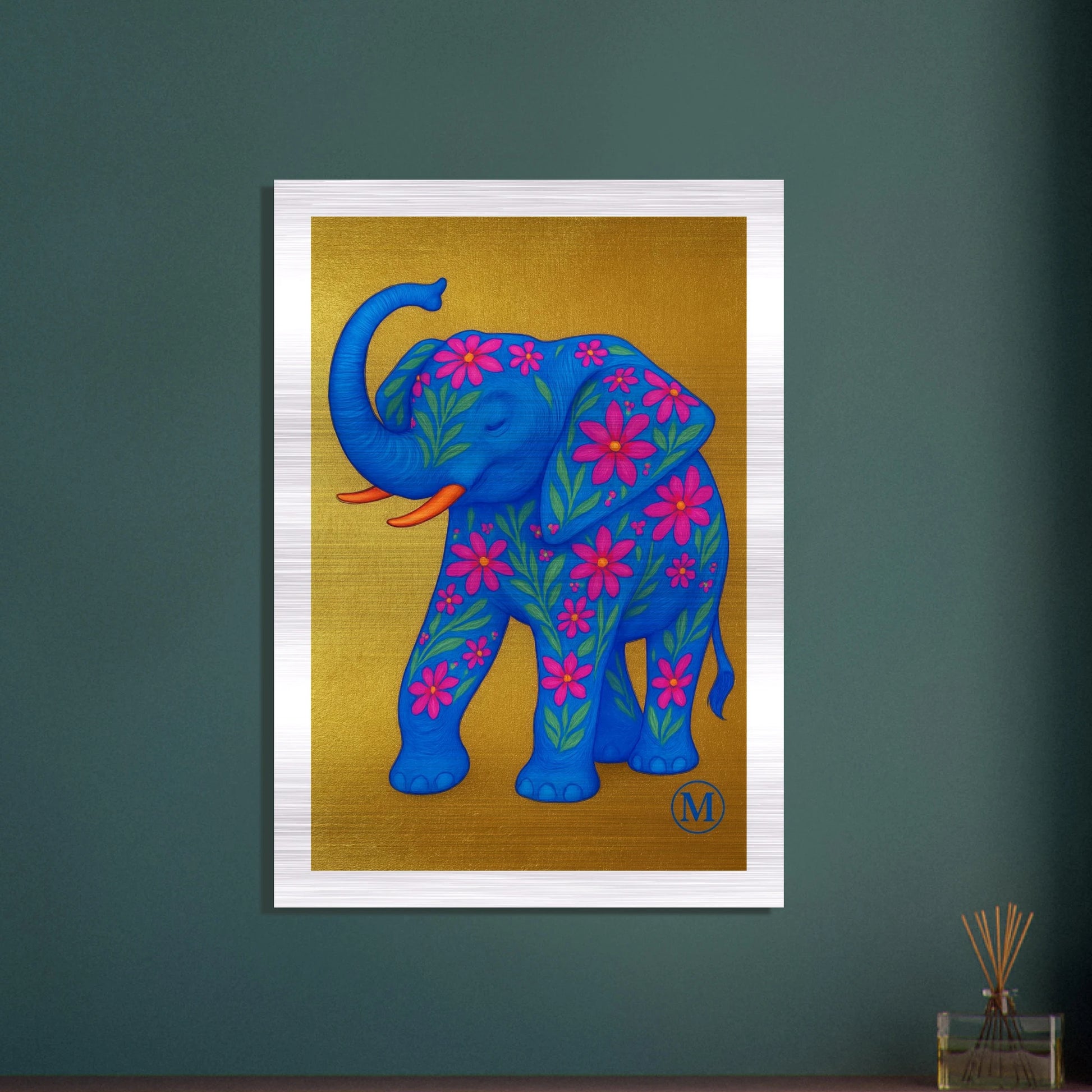 elephant Golden flowered with golden background edges. the wall art from MATCH Panther Collection
