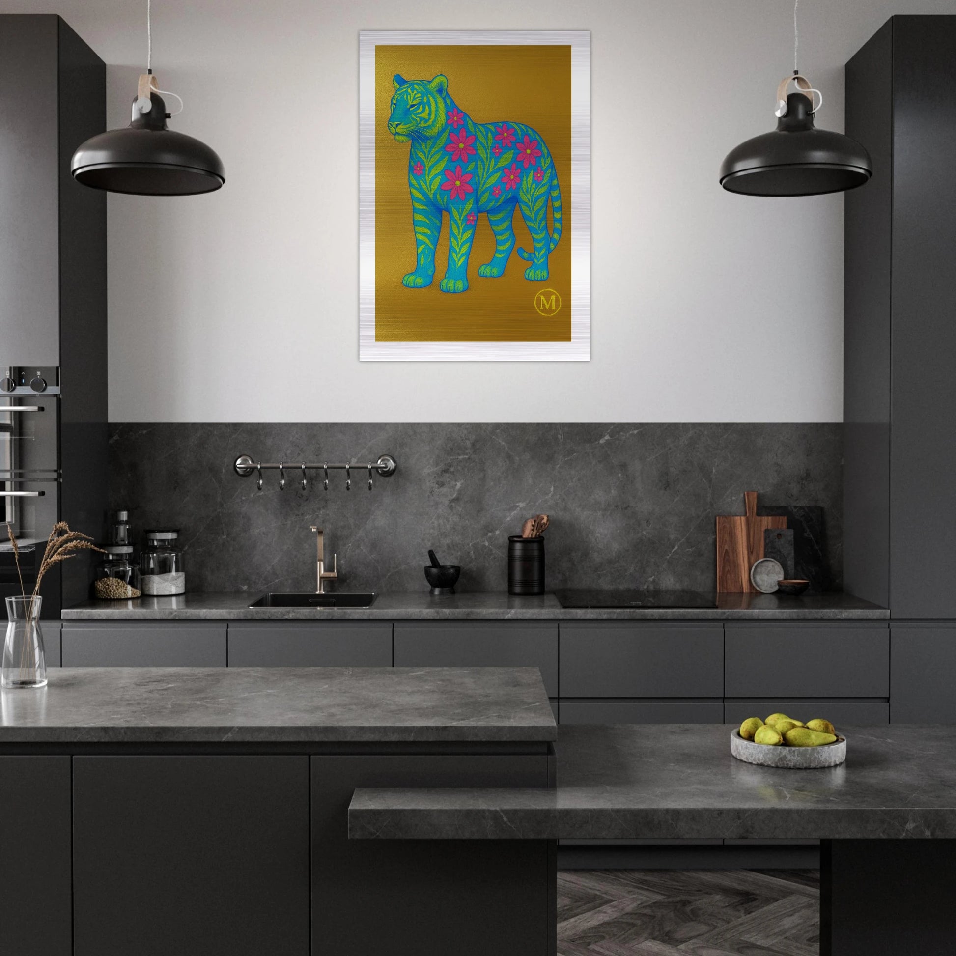 Golden flowered phanter with golden background and edges the wall art from MATCH Panther luxury wall art