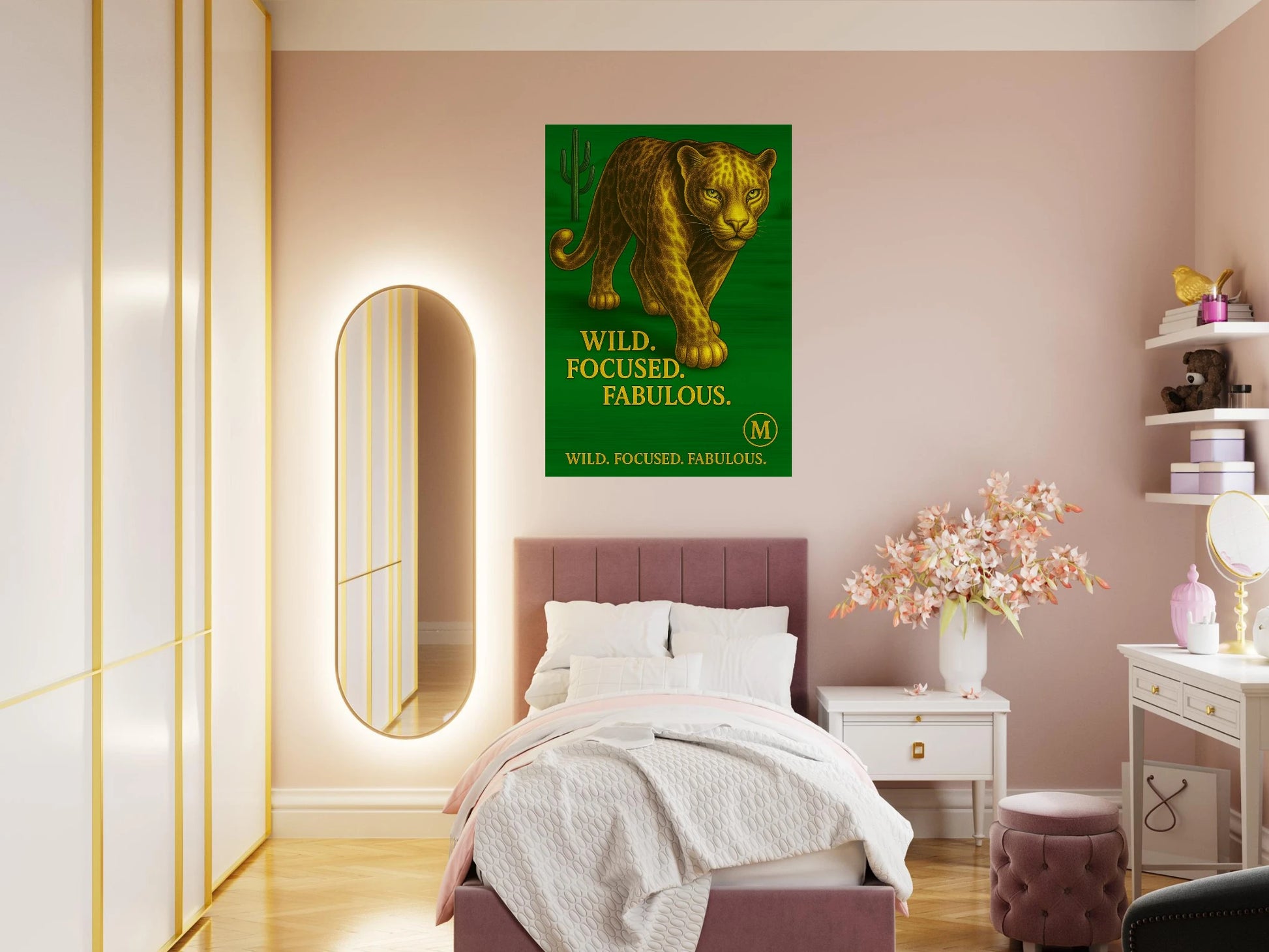 Gold panther green walking through muted desert with quote wild focused fabulous . MATCH Panther luxury art