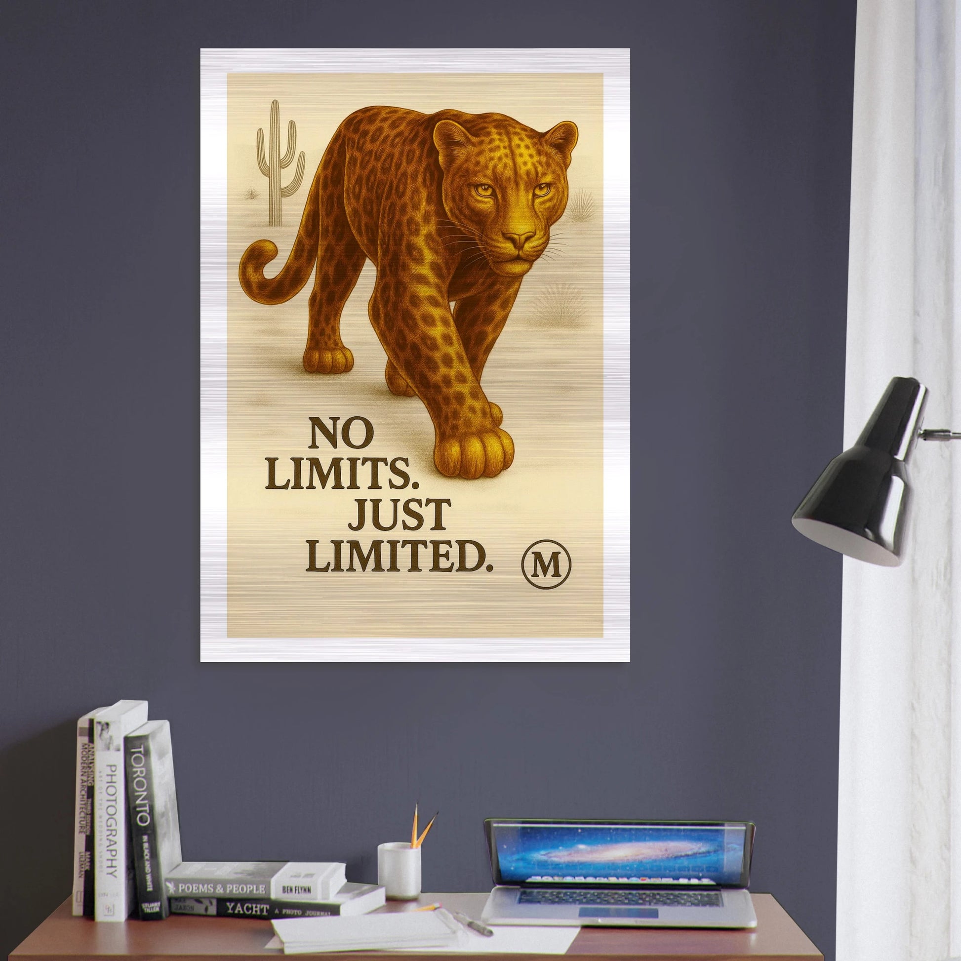 Golden panther office walking through with quote wild focused fabulous. from MATCH collection brushed aluminum