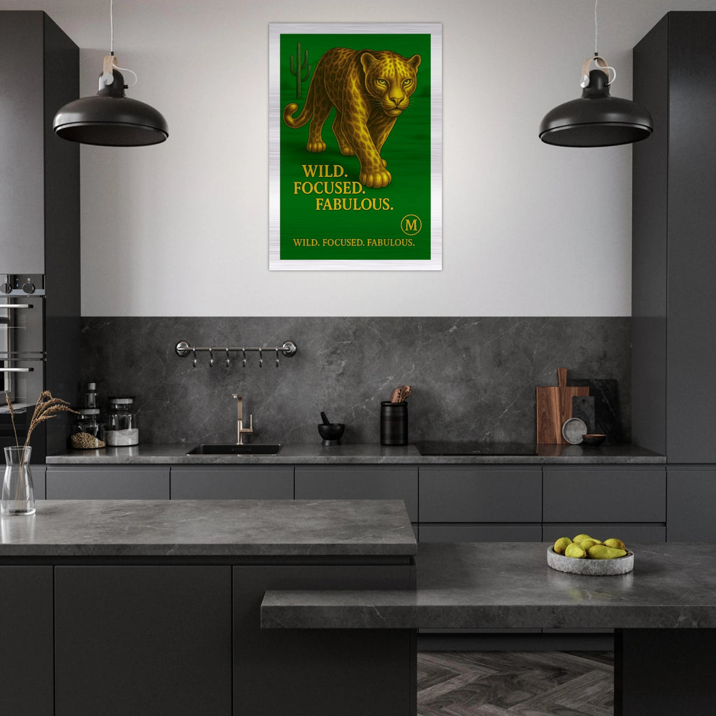 Chic panther green walking through muted desert with quote wild focused fabulous edges. from MATCH brushed aluminum