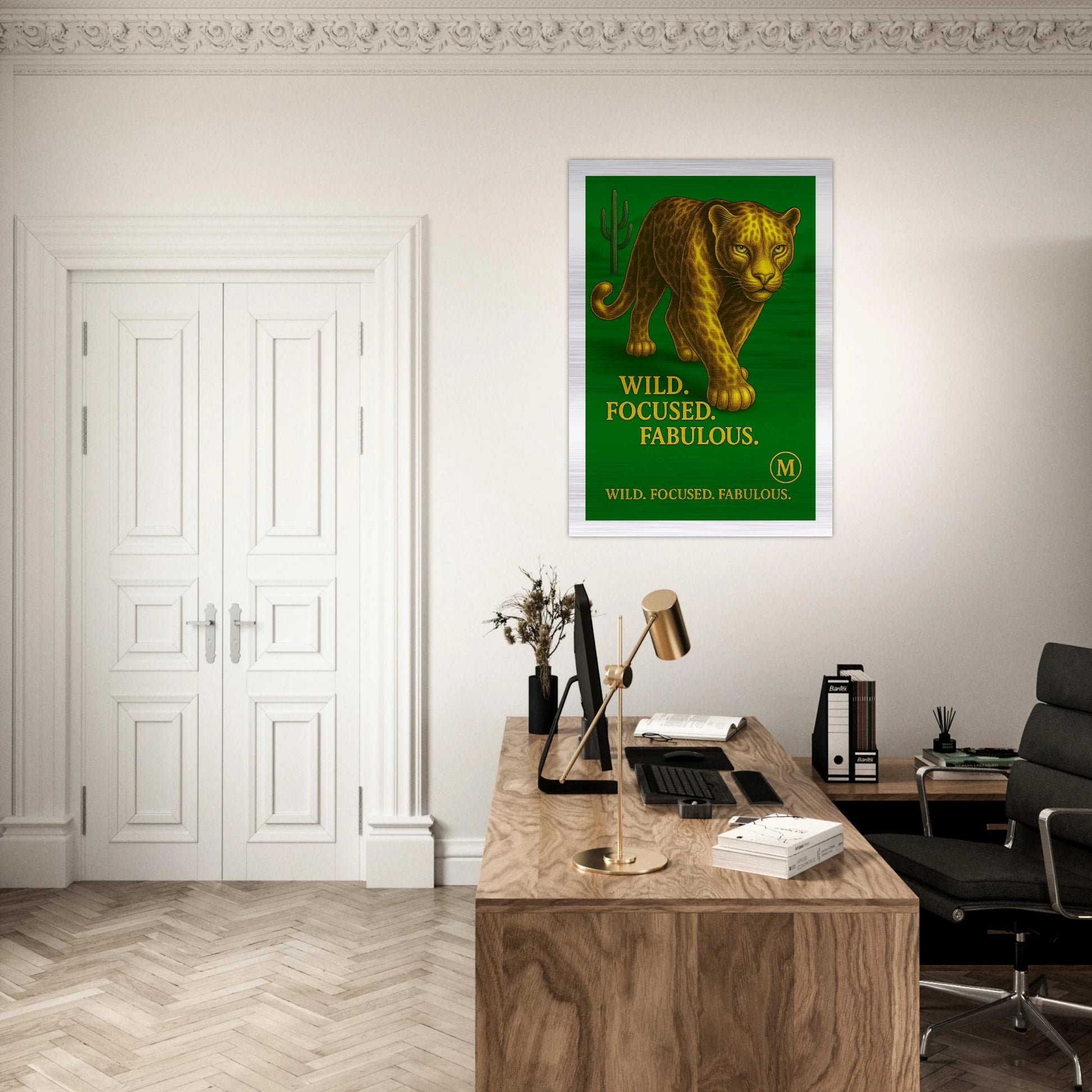 Panther green walking through muted desert with quote wild focused fabulous edges. from MATCH collection Panther chic office wall art