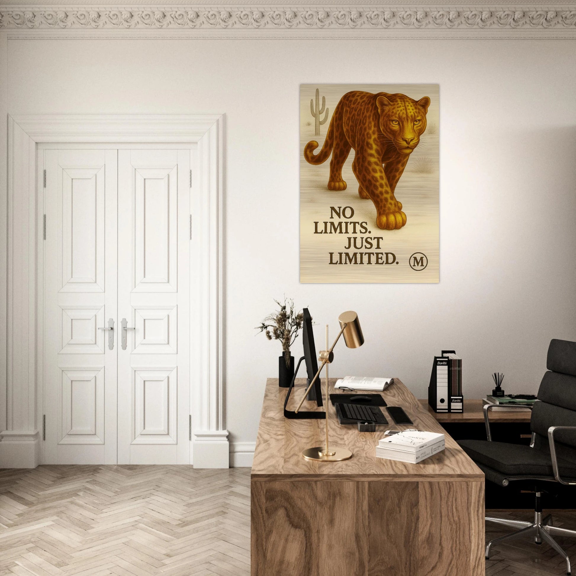 panther walking through desert at office with quote- luxury wall art from MATCH collection Panther brushed aluminum