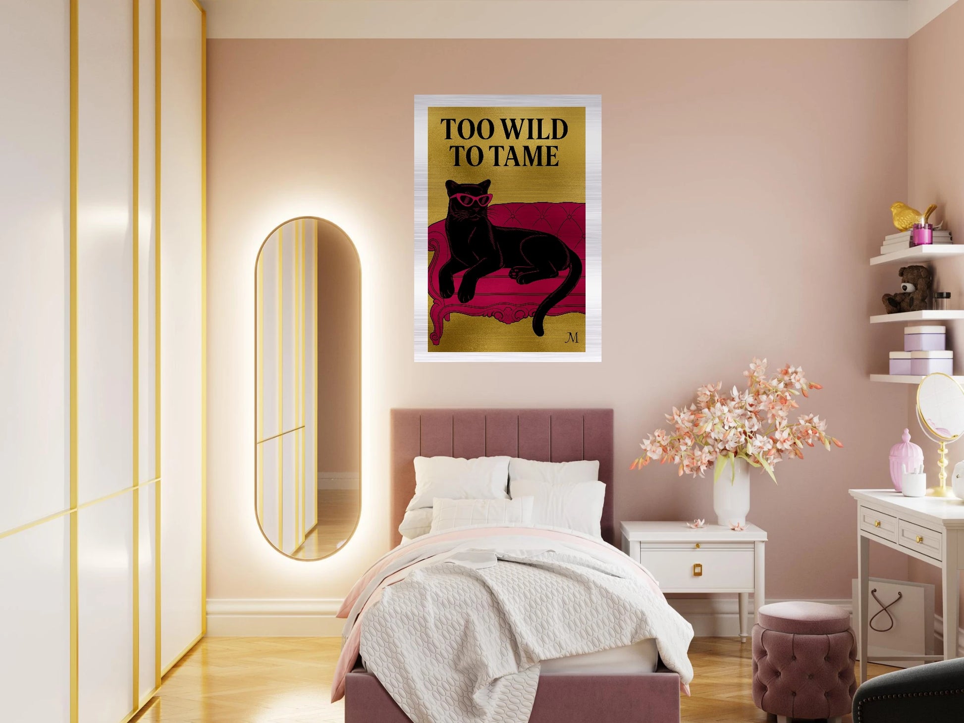 Golden panther pink chair with quote to wild to tame edges from MATCH Panther Collection brushed aluminum