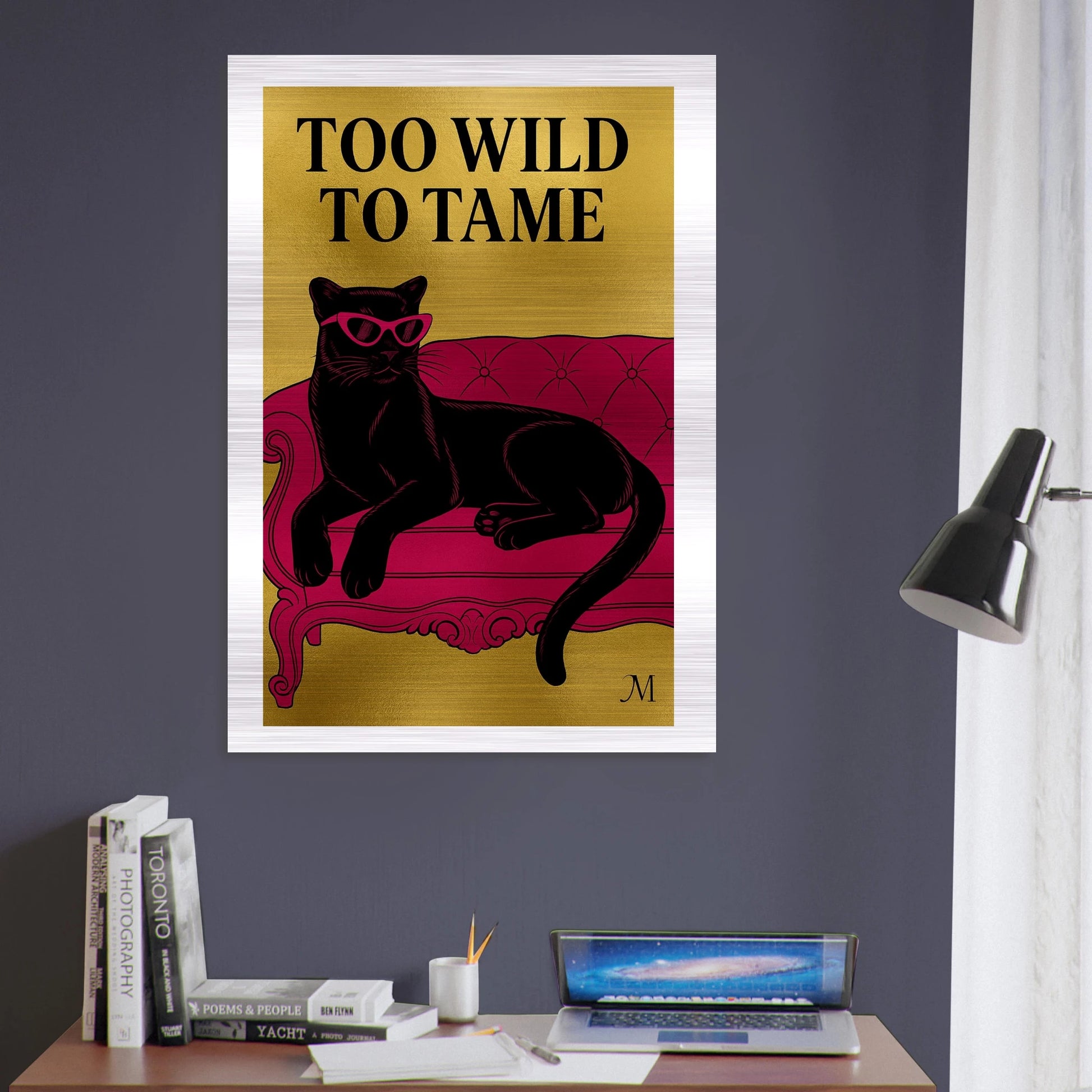 Golden panther pink chair with quote to wild to tame edges from MATCH Panther Collection brushed aluminum