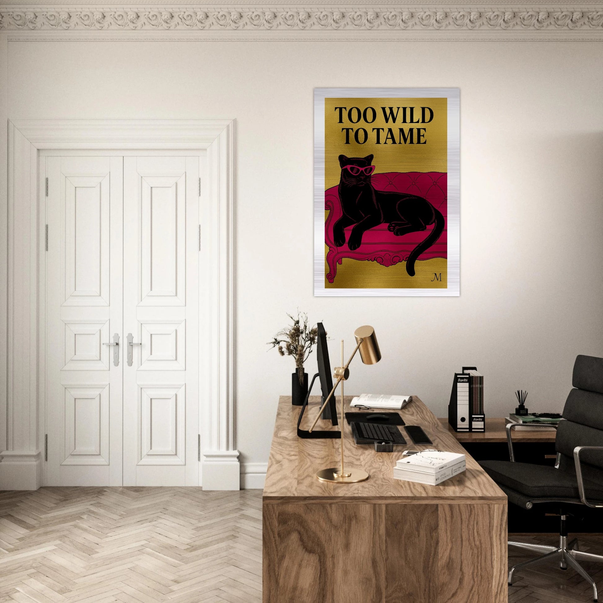 Golden panther pink chair with quote to wild to tame edges from MATCH Panther Collection brushed aluminum