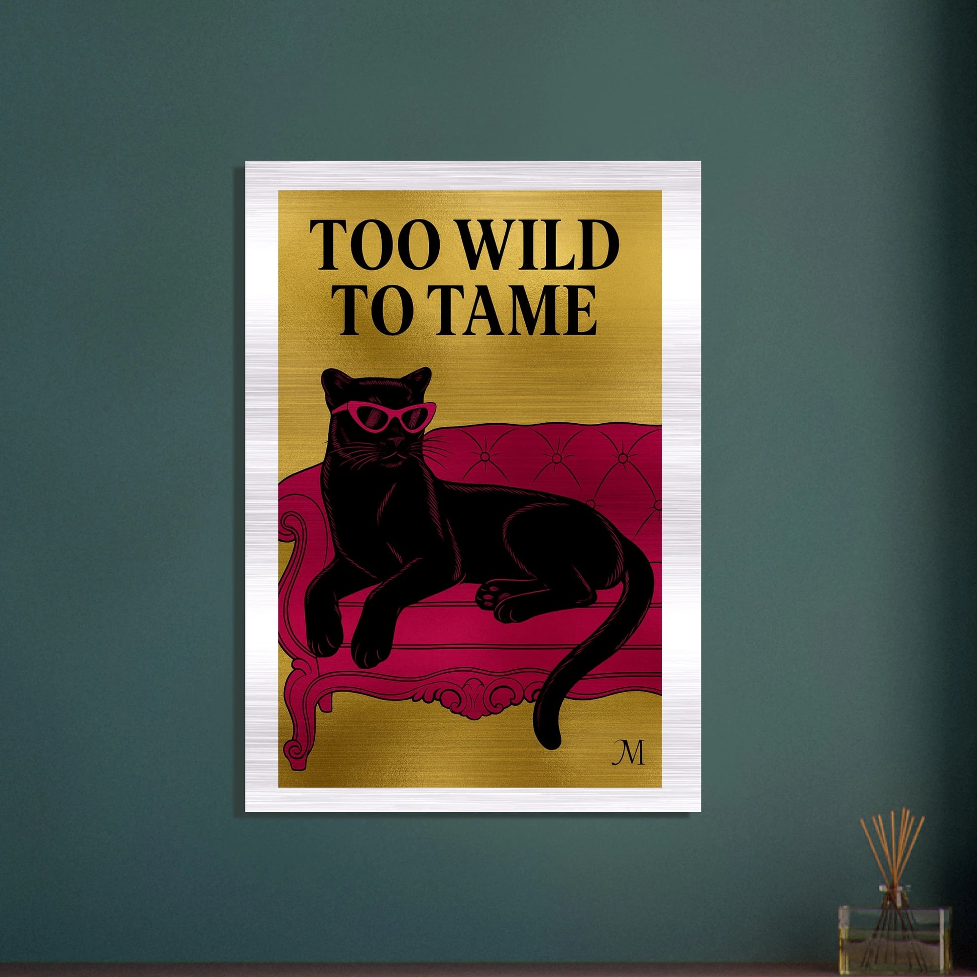 Golden panther pink chair with quote to wild to tame edges from MATCH Panther Collection brushed aluminum
