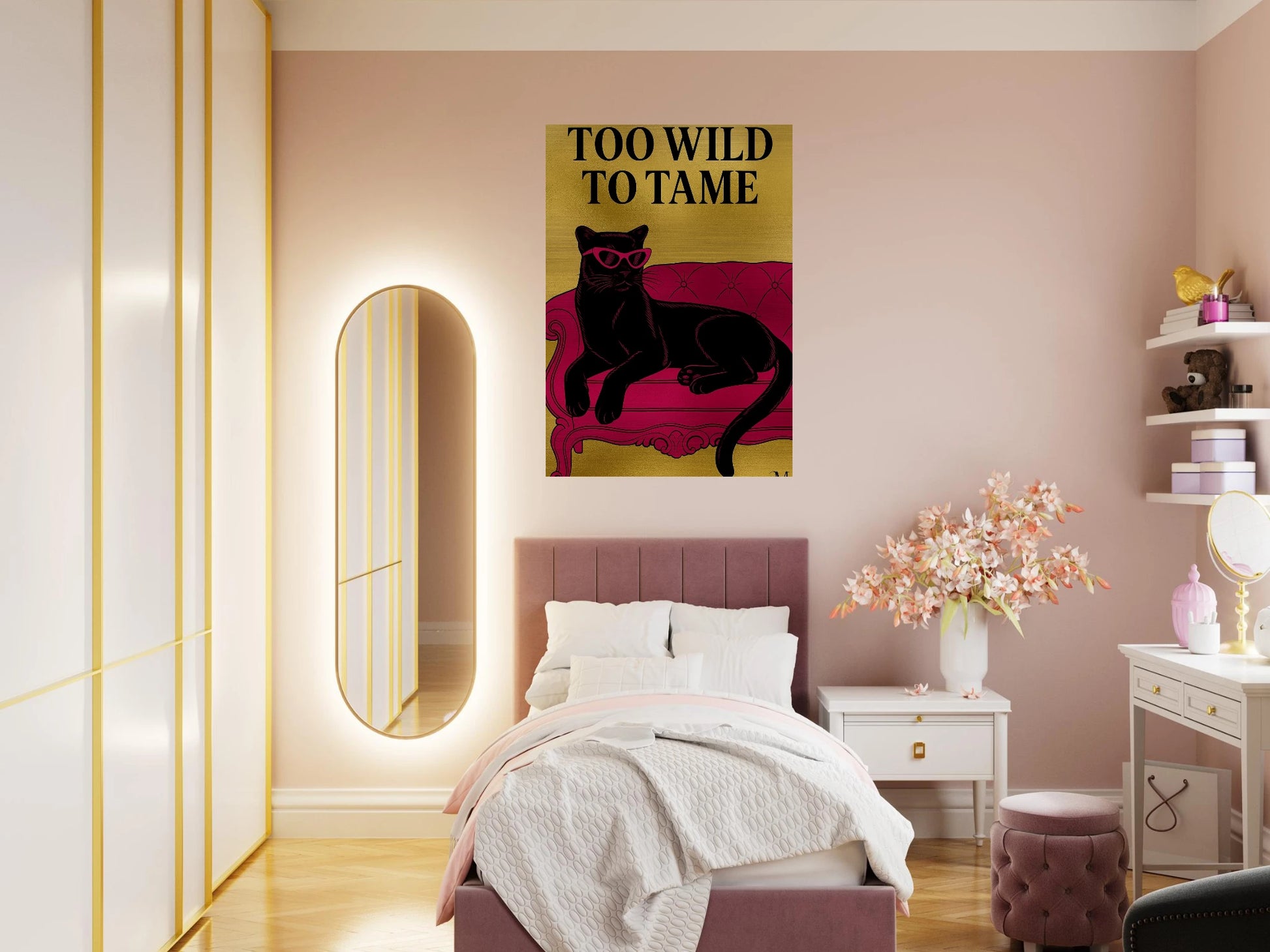 Golden panther pink chair with quote to wild to tame from MATCH Panther Collection brushed aluminum