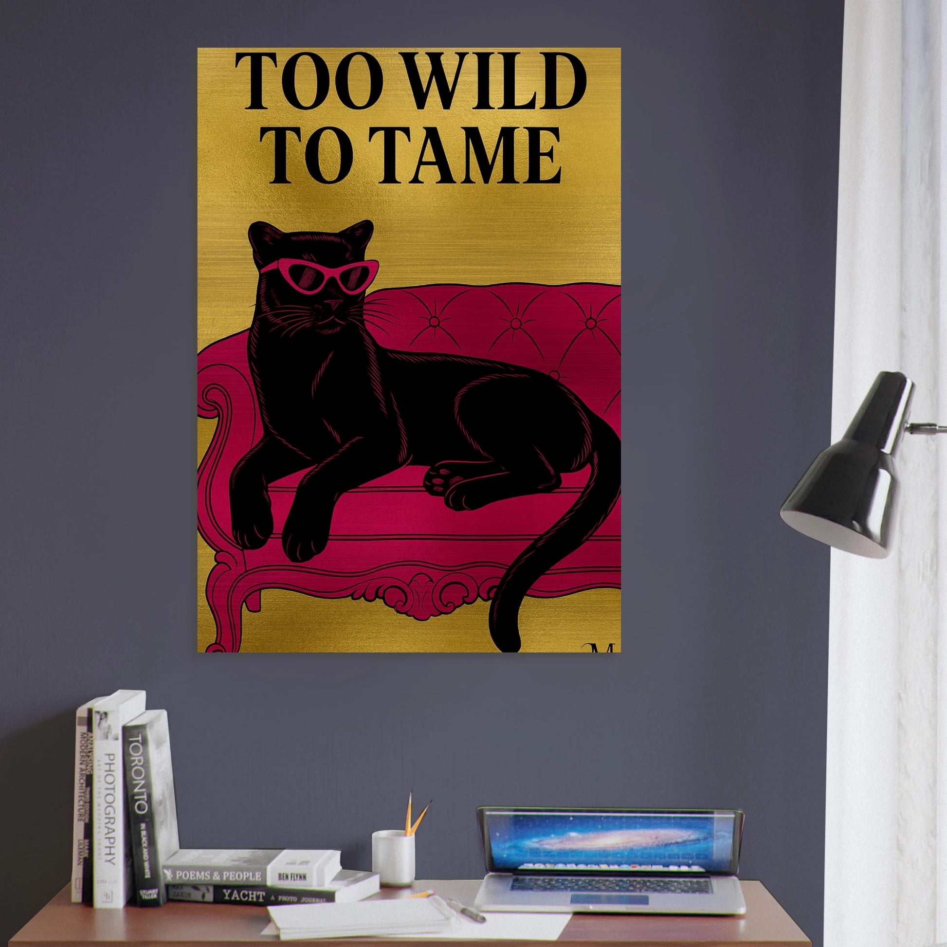 Golden panther pink chair with quote to wild to tame from MATCH Panther Collection brushed aluminum