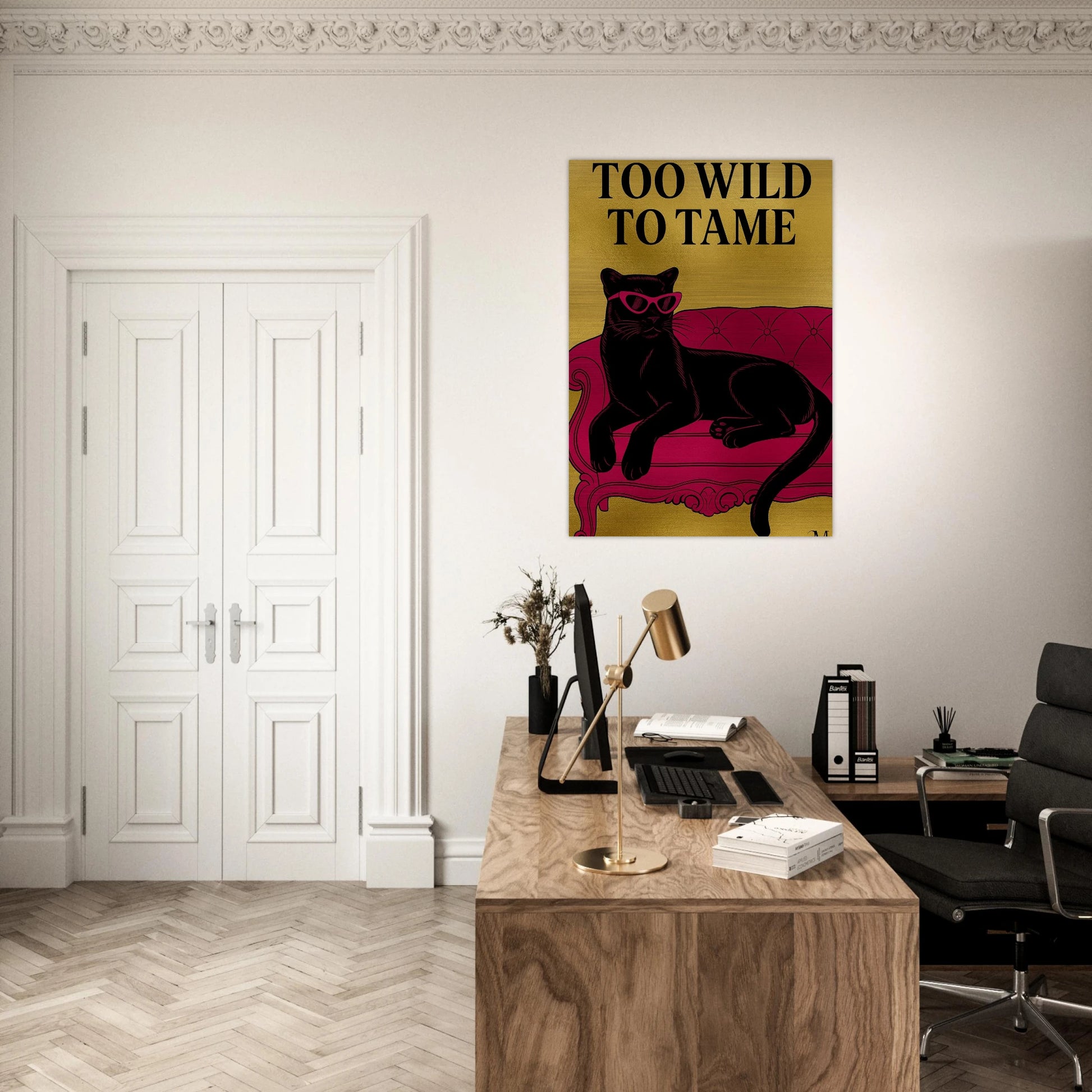 Golden panther pink chair with quote to wild to tame from MATCH Panther Collection brushed aluminum